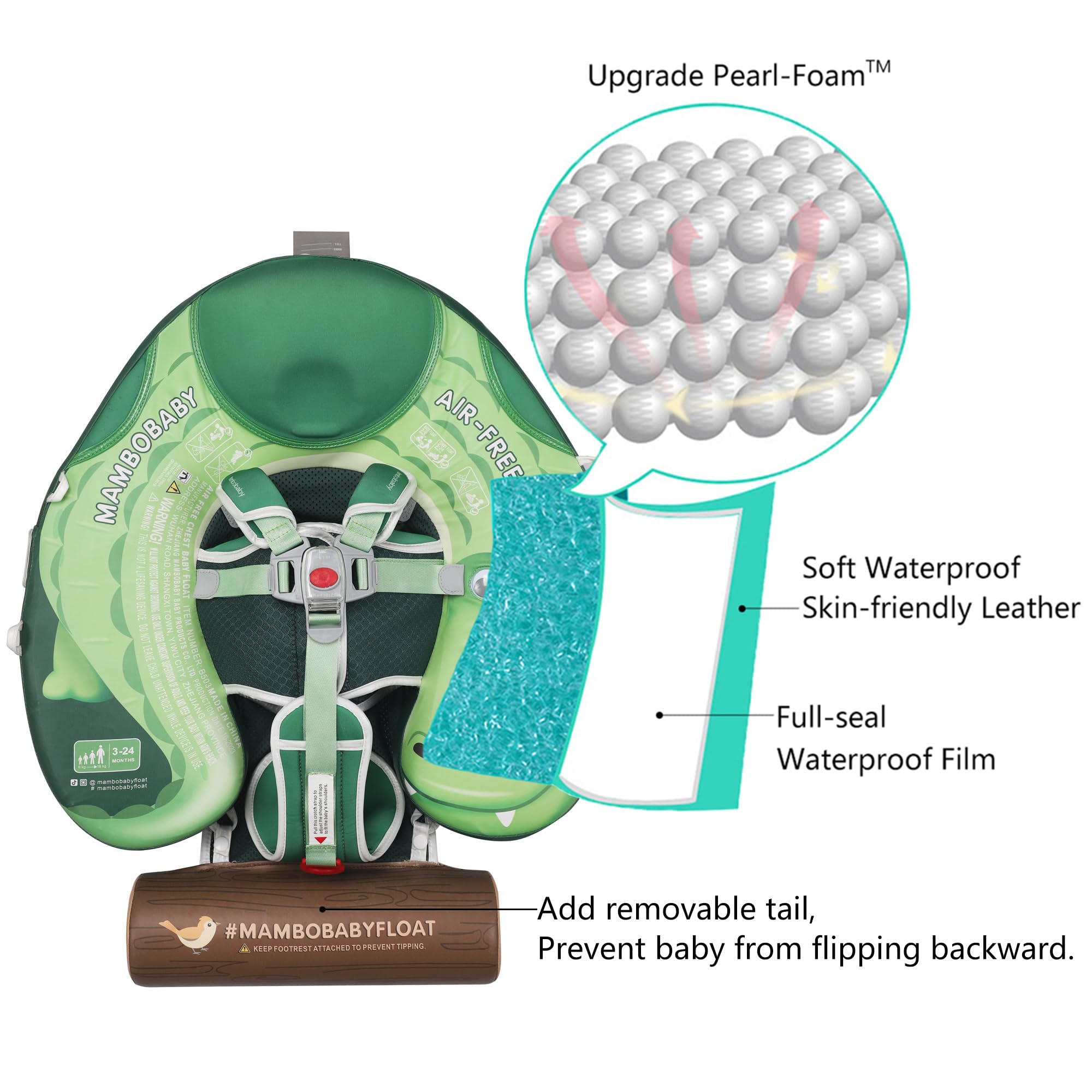 Mambobaby Upgraded Baby Float with Canopy & Adjustable Safety Strap - Non-Inflatable Swim Trainer for Infants (Green Crocodile Design) - Perfect for Pool, Beach & Water Safety Training