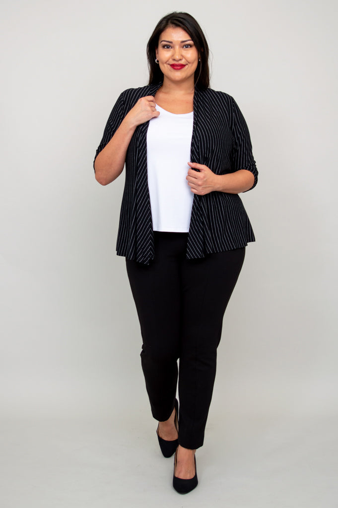 Kathy Jacket Women's Lightweight Blazer - Black & White Pin Stripe Bamboo Fabric - Perfect for Office Wear, Business Meetings & Professional Outfits