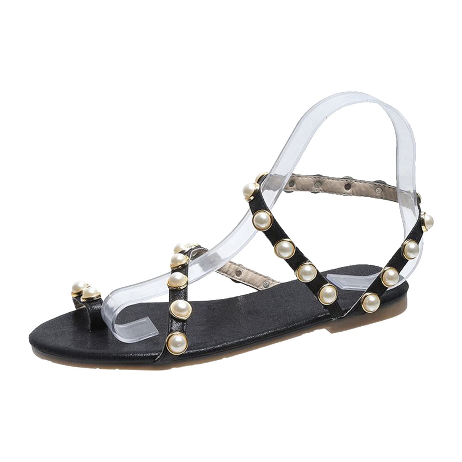 Sparkly Rhinestone Sandals for Women - Bohemian Crystal Pearl Flat Sandals | Comfortable Strappy Gladiator Open Toe Sandals for Summer Weddings, Beach Vacations & Boho Fashion
