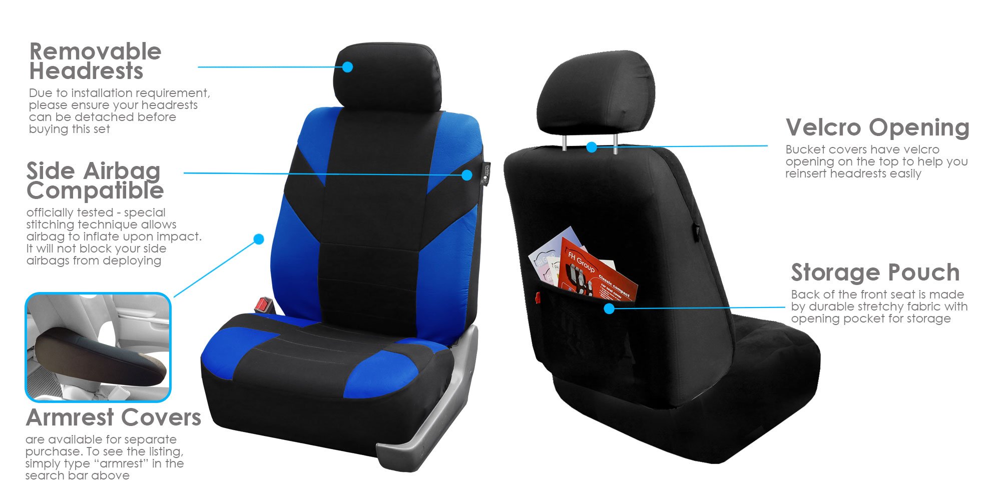 FH Group FB072115 Universal Full Set Auto Seat Covers - Road Master Fabric, Blue/Black (Split Ready) - Perfect Fit for Cars, Trucks & SUVs | Durable Protection for Daily Commute & Road Trips