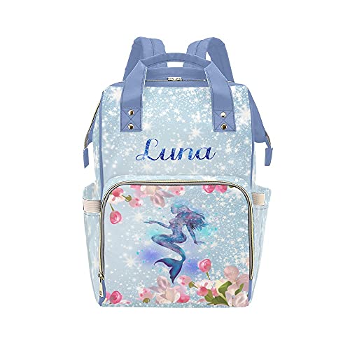 Waterproof Mermaid Diaper Backpack for Women - Pretty Floral Nursing Baby Bag with Name, Baby Shower Gift & Tote for Moms | Perfect for Travel, Shopping & Daily Use