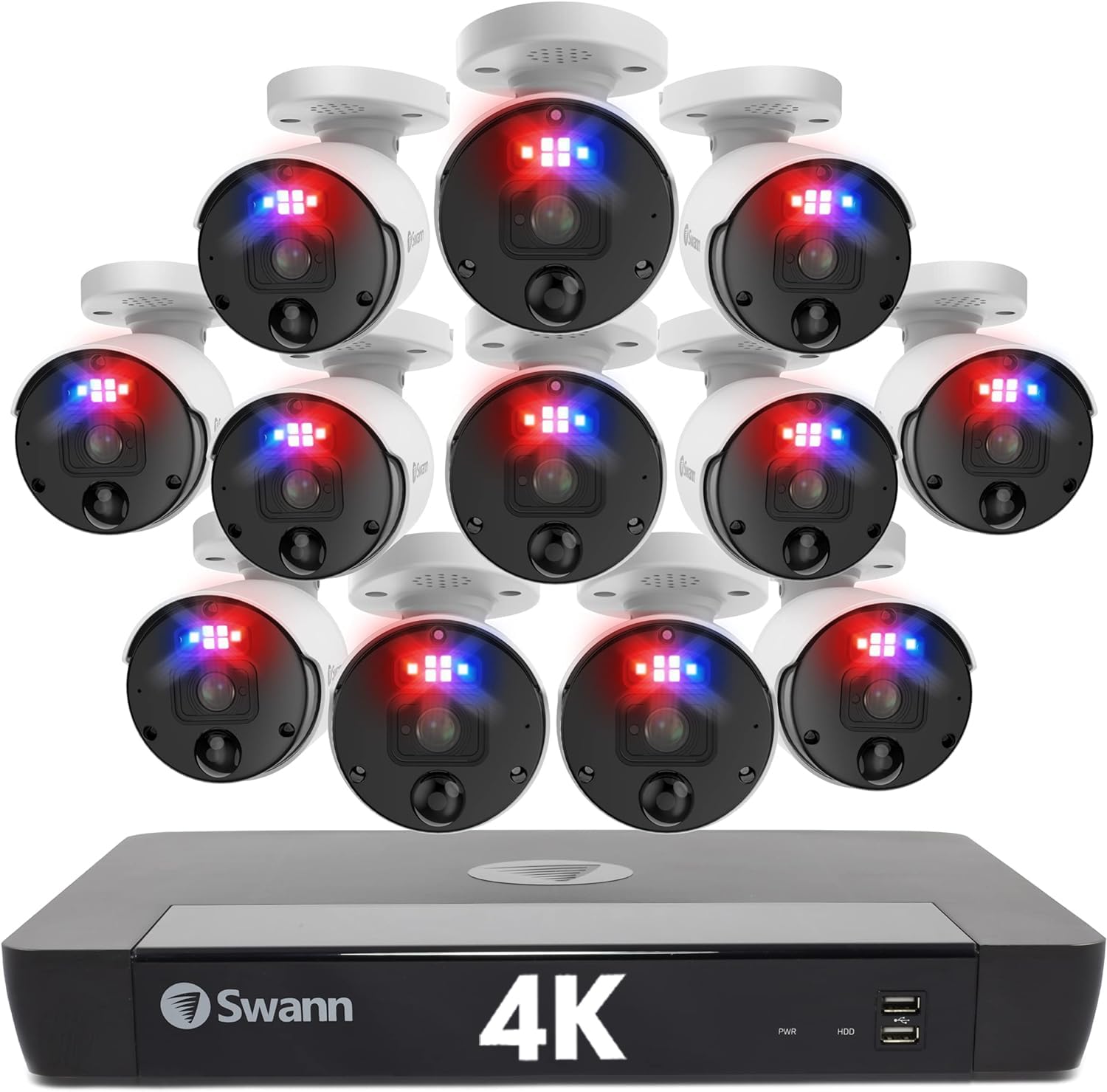 SWANN Pro 4K Ultra HD 16 Channel Security Camera System with 2TB NVR & 12 PoE IP 4K Outdoor Cameras - 8MP Wired CCTV Surveillance with Heat Motion & Vehicle Detection, LED Lights, 24/7 Recording (Model 1689812) - Ideal for Home Security, Business Monitoring & Property Protection