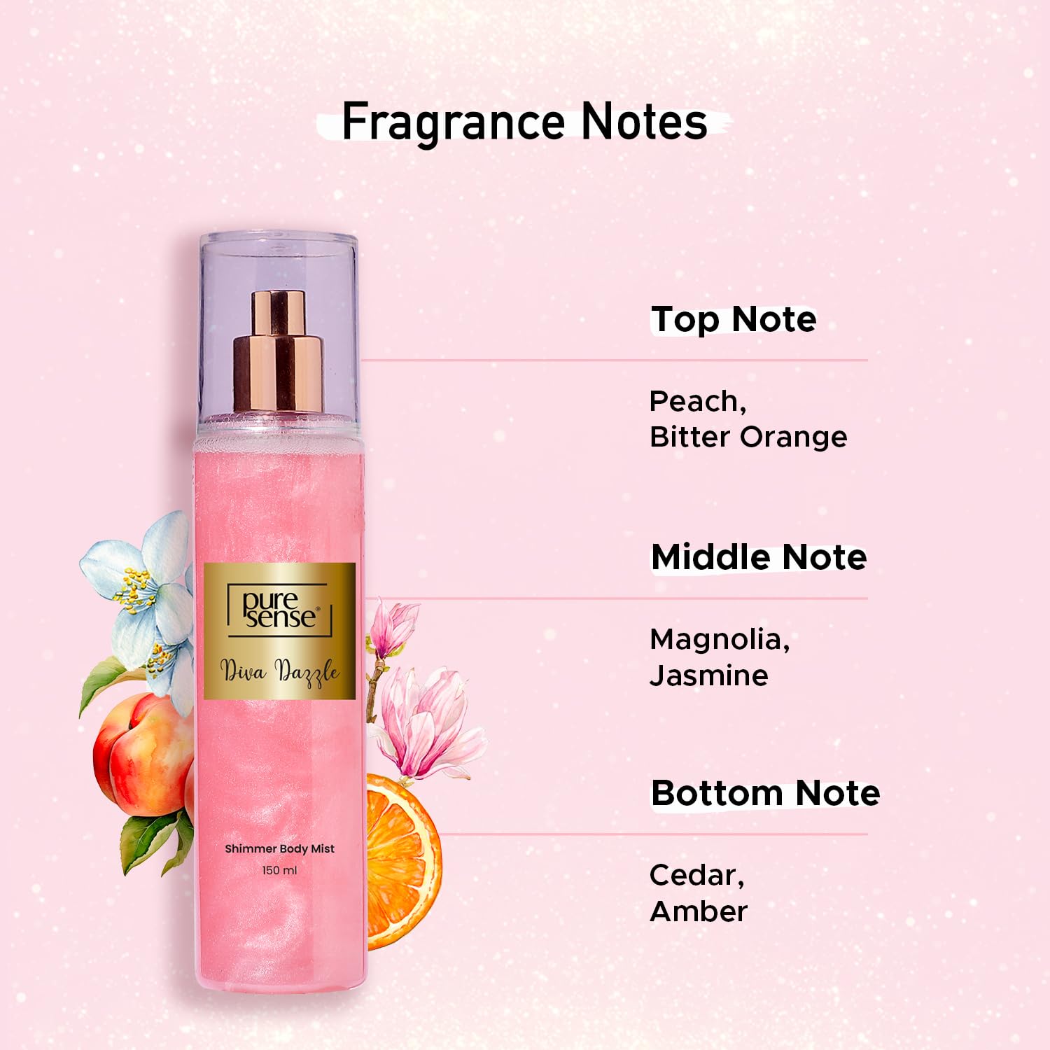 PureSense Diva Dazzle Pink Shimmer Body Mist Spray for Women - Long Lasting Floral Fragrance, Moisturizing & Refreshing, Travel Size 5oz/150ml | Perfect for Date Night, Parties & Everyday Wear