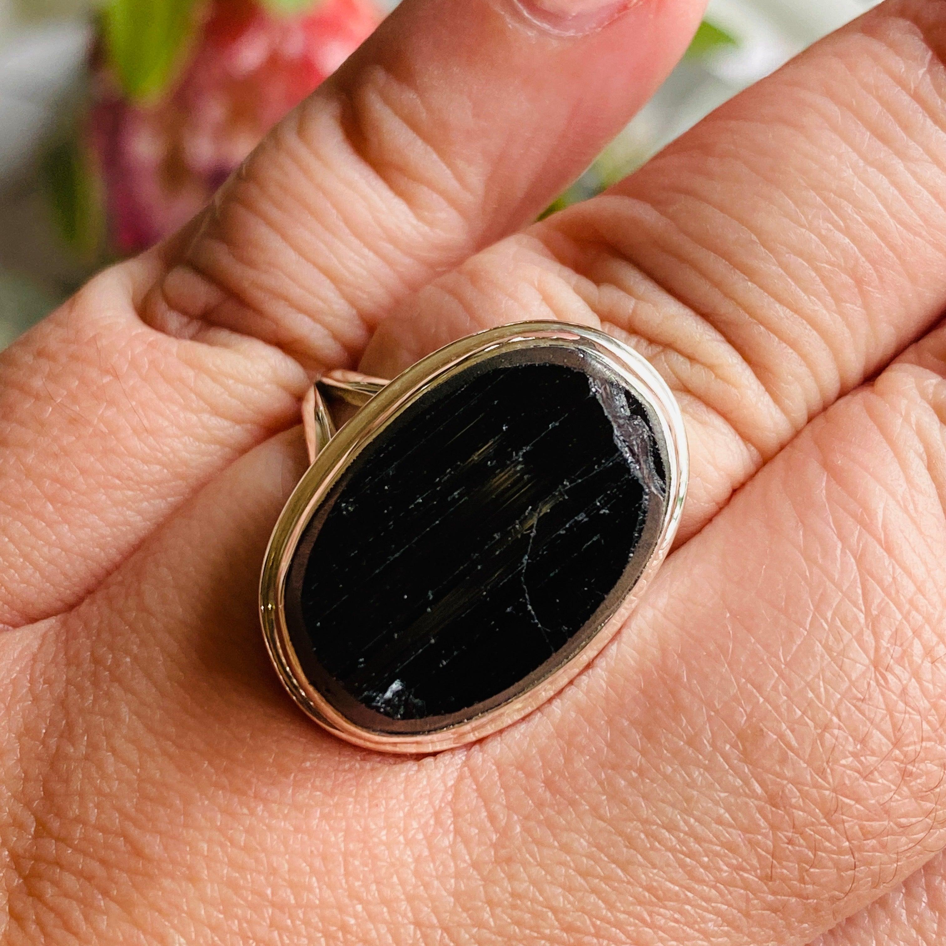 Natural Black Tourmaline Oval Raw Stone Ring - Size 11 (KRGJ2247) | Healing Crystal Jewelry for Protection & Grounding - Perfect for Meditation, Energy Work & Spiritual Gifts