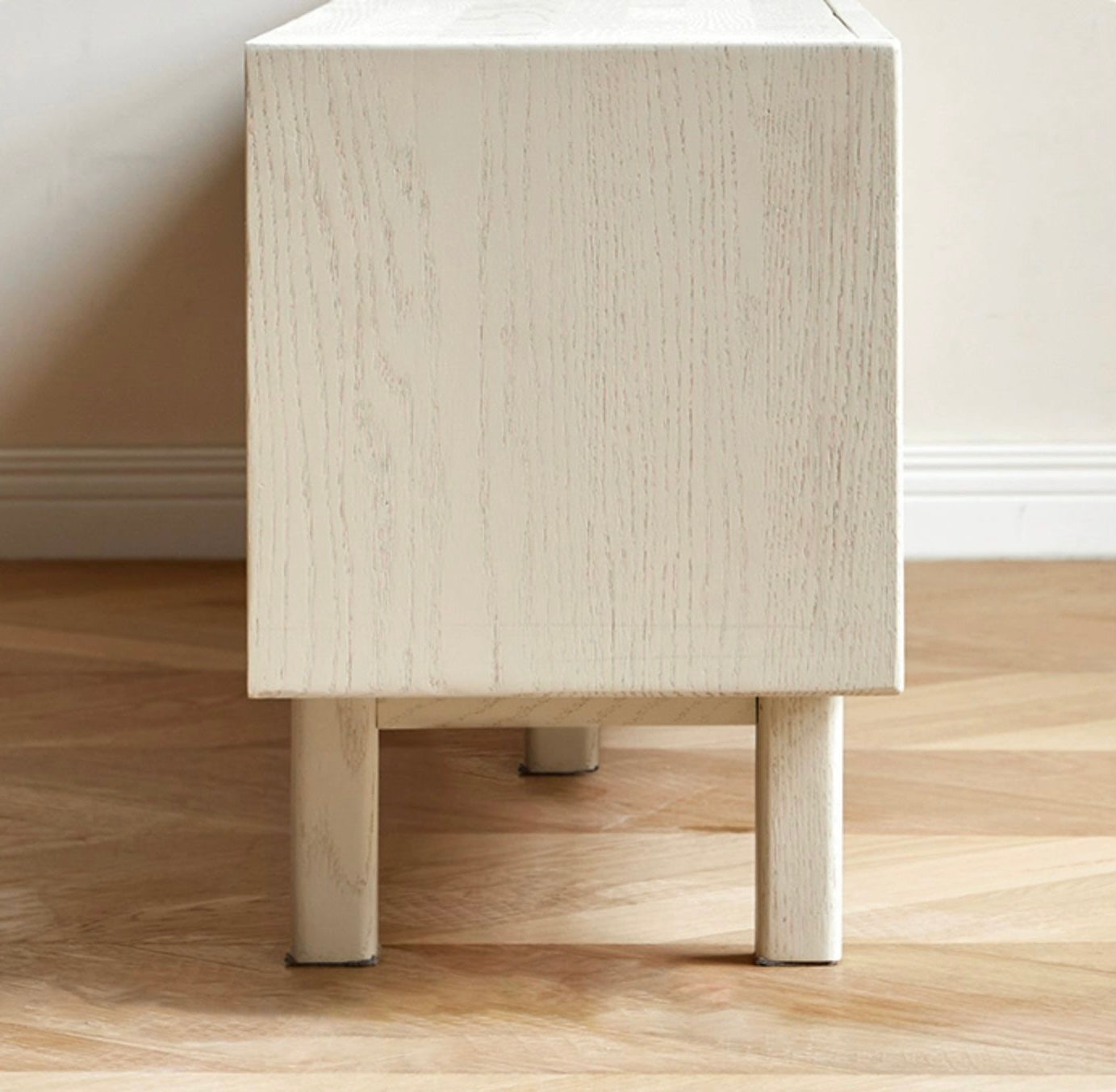 Solid Oak Wood Rattan TV Stand with LED Lights - Modern Cream Style Entertainment Center for Living Room, Bedroom & Home Theater