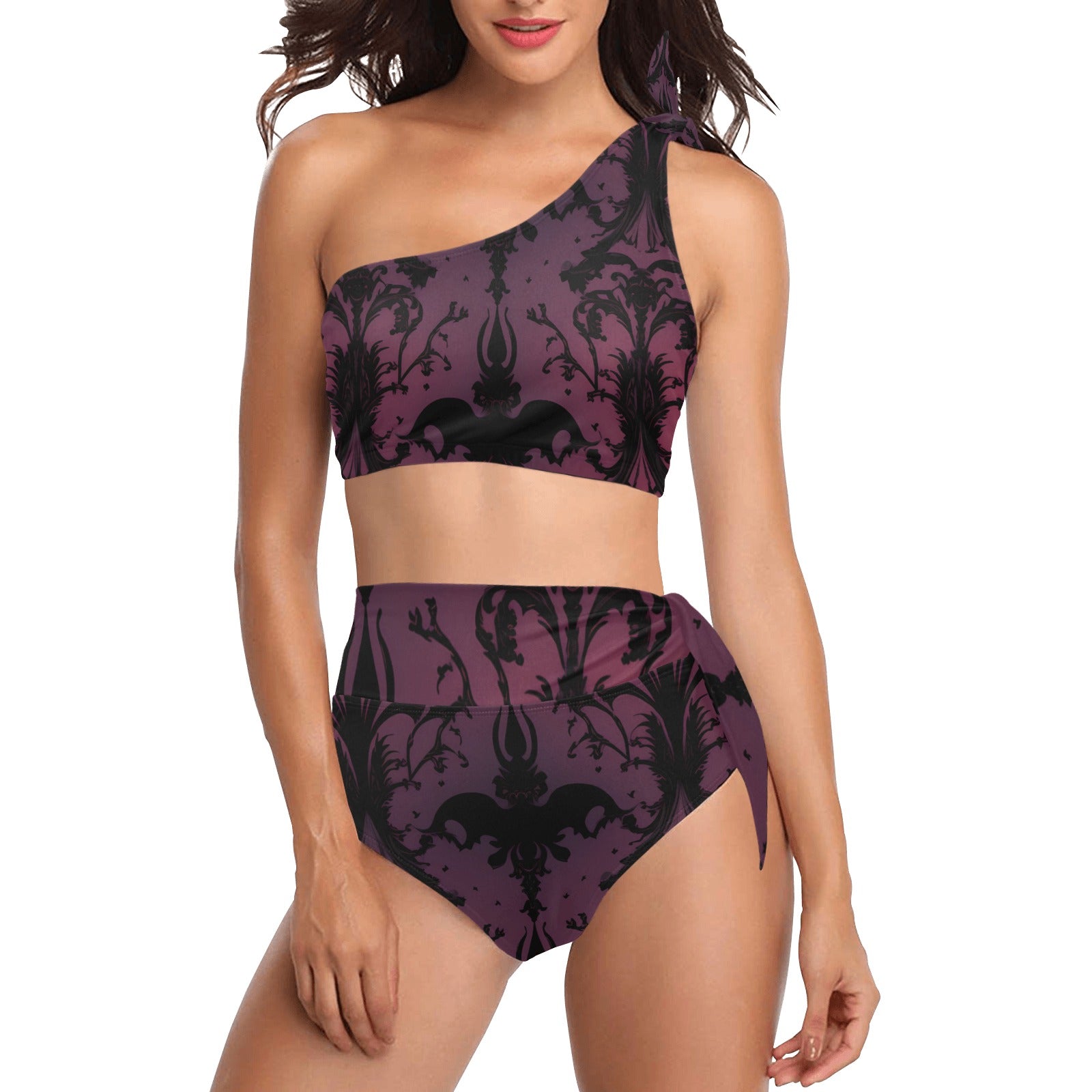 Gothic Purple High Waisted One Shoulder Bikini Set - Sexy Swimwear for Women, Summer Beach Vacation, Pool Party, and Photo Shoots
