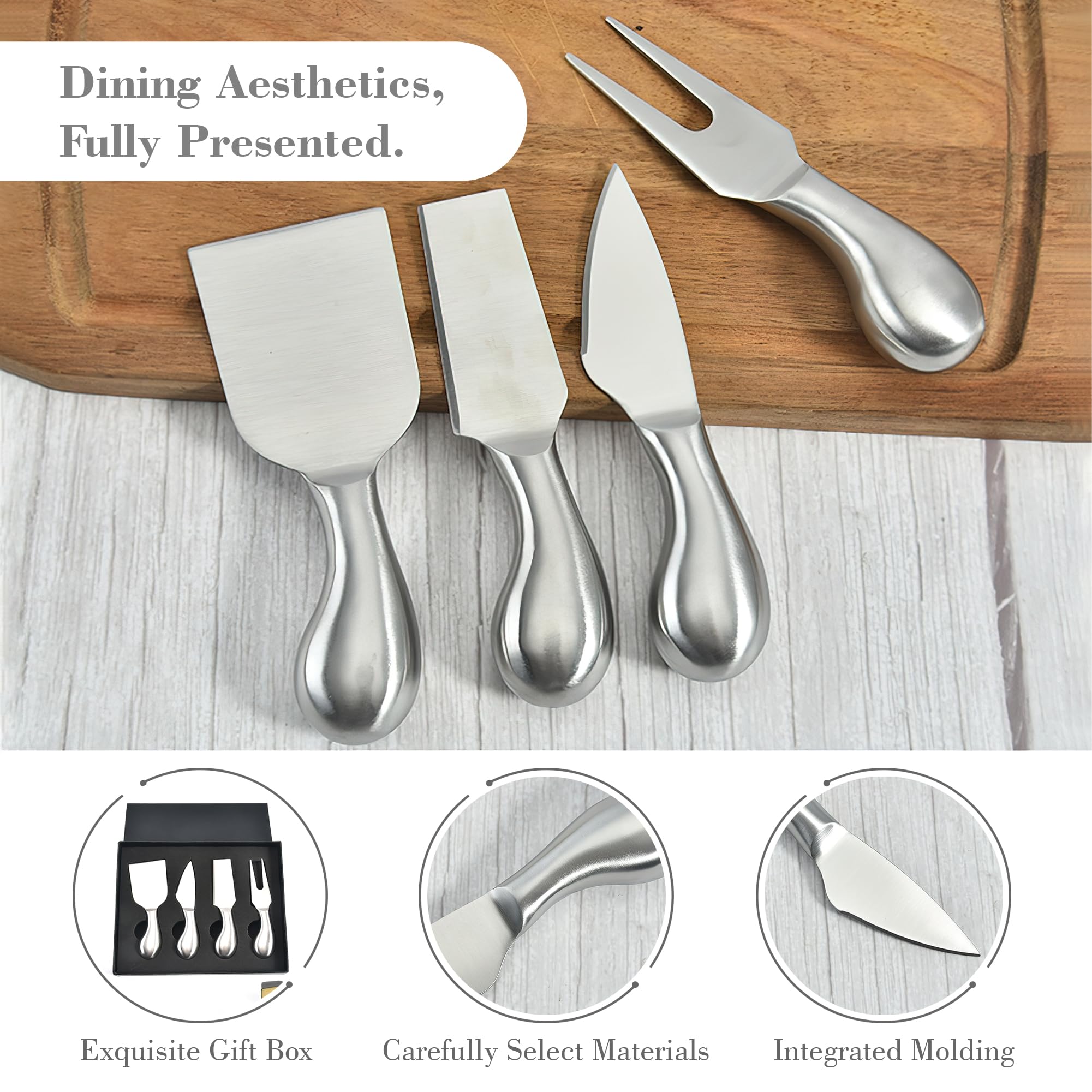 Premium 4-Piece Stainless Steel Cheese Knife Set with Cheese Fork - 5.3 Inch Charcuterie Board Accessories for Entertaining, Housewarming Gifts & Cheese Platter Presentation (Ideal for Dinner Parties, Wine Tasting & Gourmet Cheese Serving)