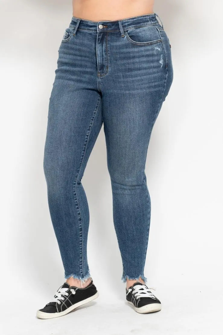 Judy Blue Plus Size High Waist Skinny Jeans with Distressed & Shark Bite Hem - Trendy Women's Denim Pants for Casual Wear & Night Out