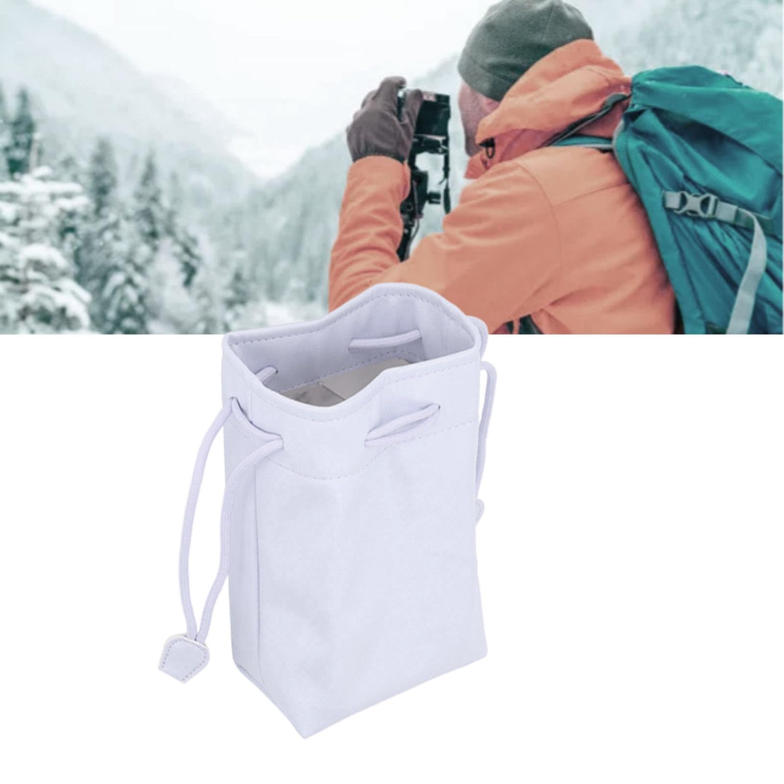 PU Leather Camera Drawstring Bag for Instant Film Printers & Mirrorless Digital Cameras - Waterproof Camera Storage Organizer Pouch (White) - Perfect for Travel, Hiking & Photography Enthusiasts