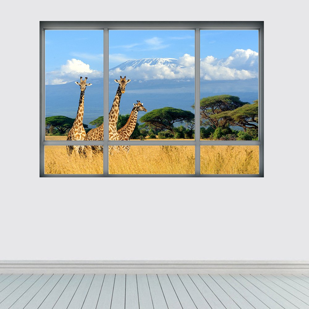DNVEN 28x20 Inch 3D Fake Window Decal - Realistic Giraffe Animal Wall Sticker for Bedroom, Living Room & Playroom Decor | High Definition Vinyl Mural | Easy Peel & Stick Wall Art for Kids Room & Nursery