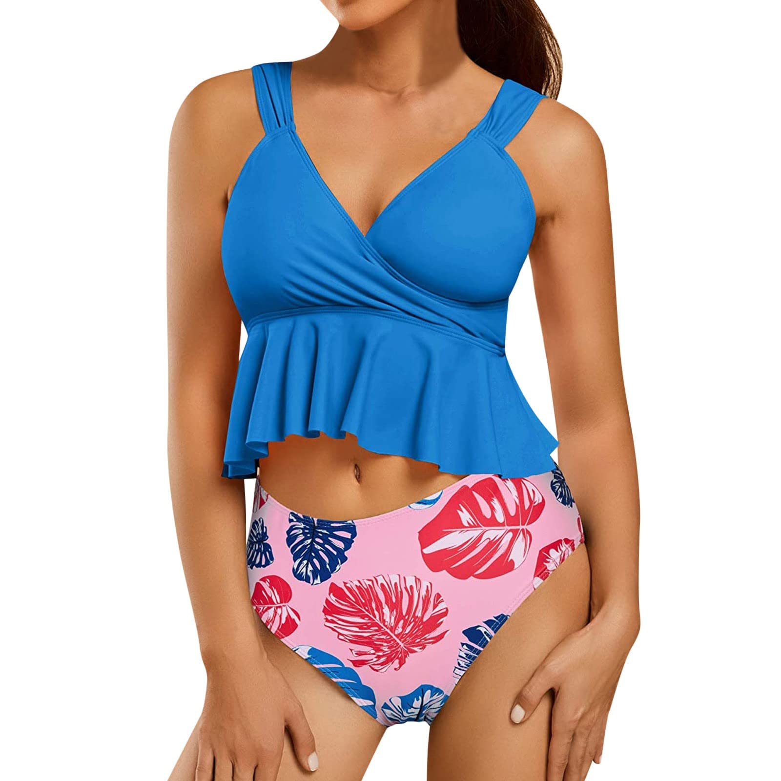 Smooto Women's Deep V Neck Shirred Halter One Piece Swimsuit - Backless Bathing Suit with Boycut & Camo Print (Blue, Size 4/S) | Perfect for Beach Vacations, Pool Parties & Summer Getaways