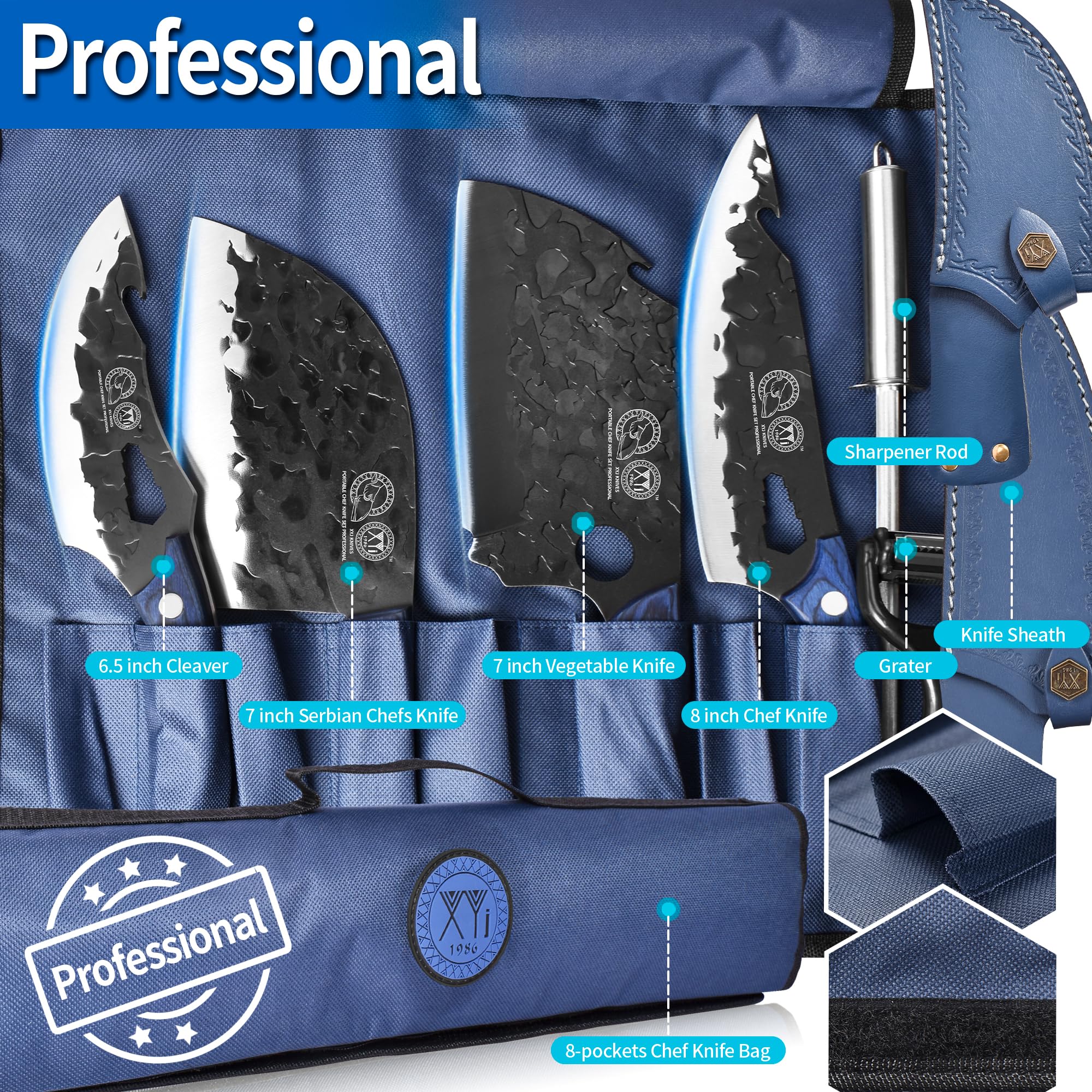 XYJ Professional Portable Chef Knife Set with Bag & Sheath - Full Tang Camping & Culinary Kitchen Knives for Meat Cutting, Slicing & Cooking Since 1986 - Perfect for Outdoor Adventures, Home Kitchens & BBQ Parties