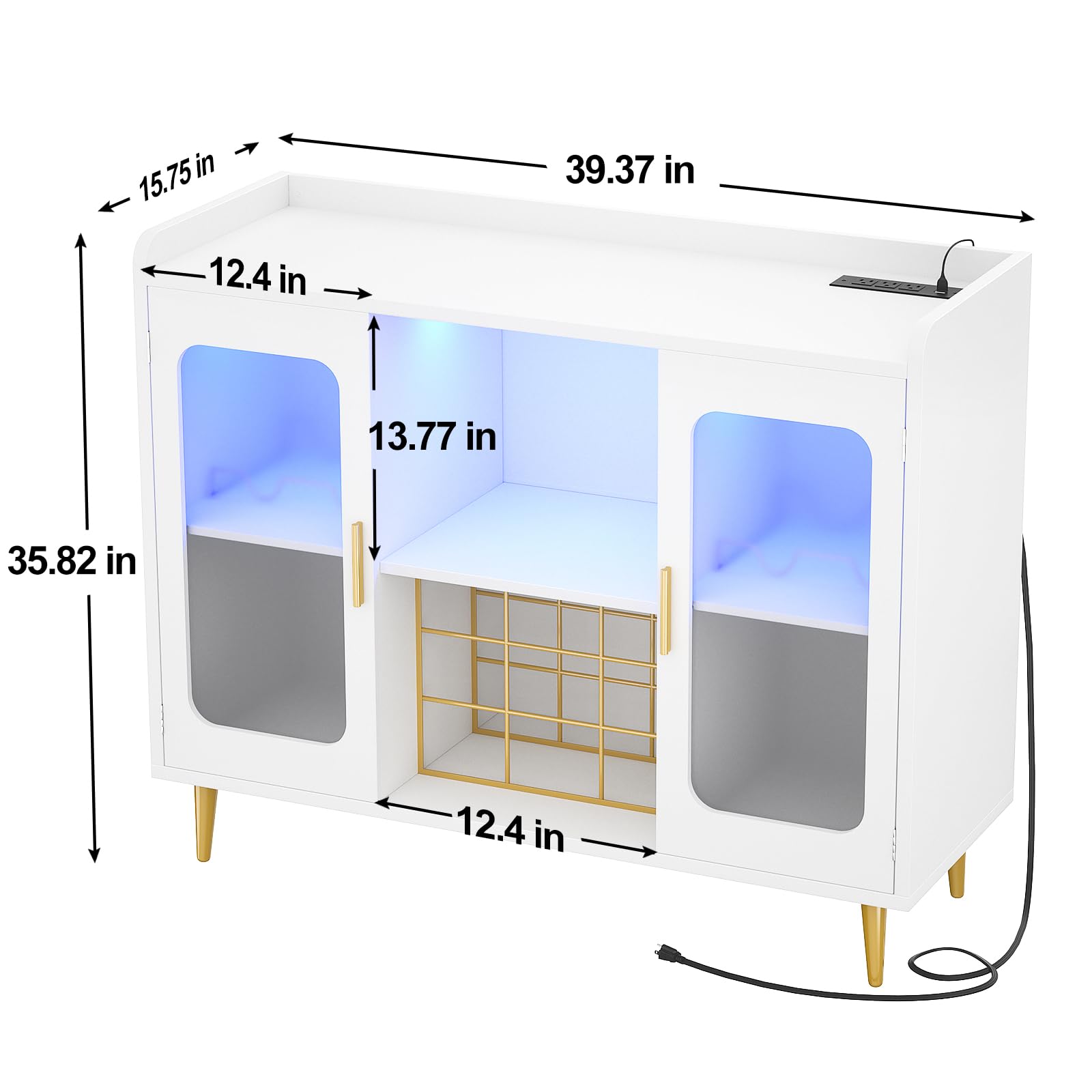 White Wine Bar Cabinet with Power Outlet & LED Lights - Modern Liquor Storage with Glass Holder & Storage Shelves - Perfect for Home Coffee Bar, Kitchen Buffet or Dining Room Sideboard - Ideal for Entertaining, Wine Tasting & Small Space Storage Solutions