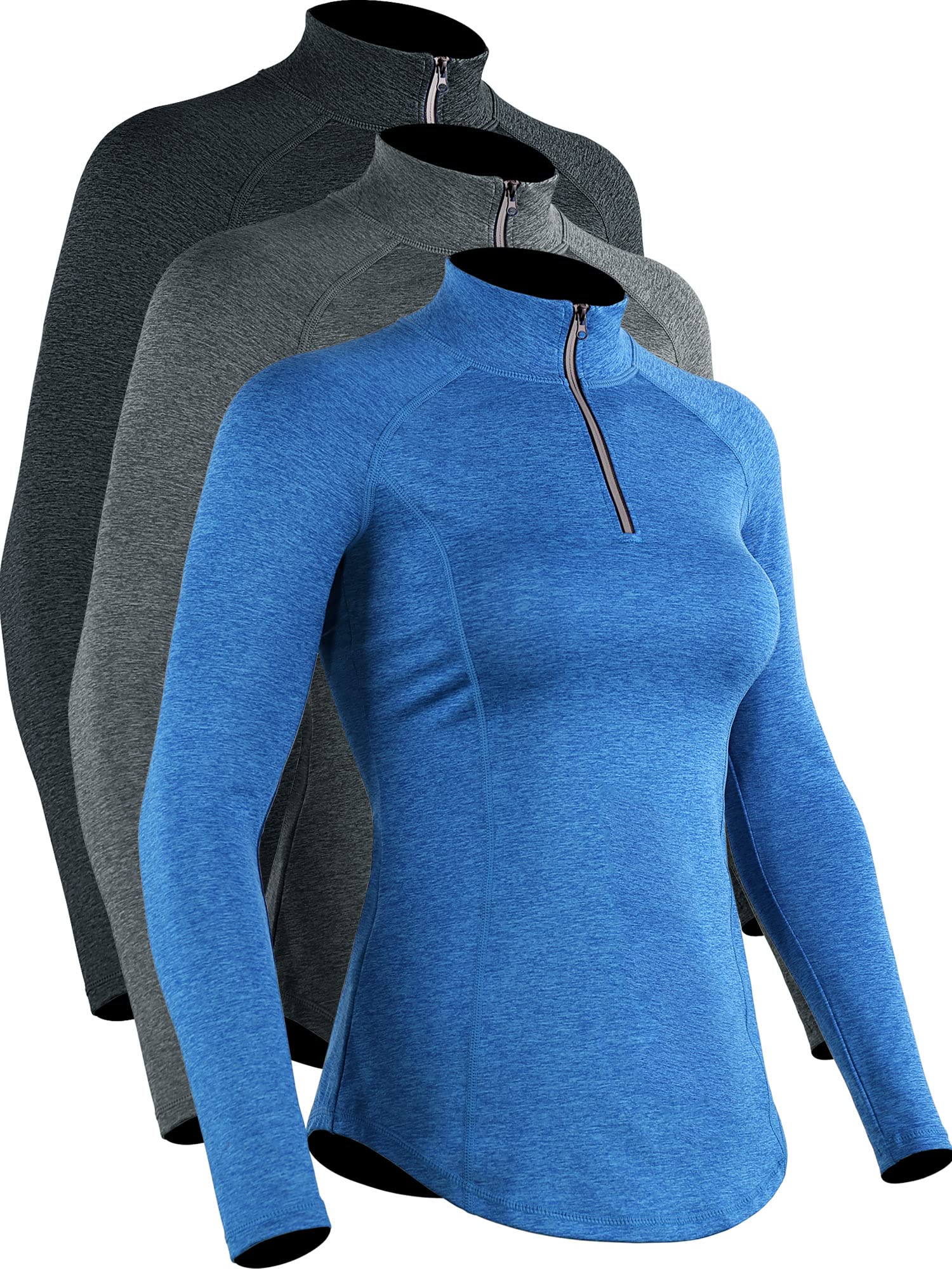 CADMUS Women's Workout Long Sleeve Shirts - 3 Pack Athletic Hiking Shirts (Black, Grey, Blue, Medium) - Moisture Wicking & Breathable for Gym, Yoga & Outdoor Activities