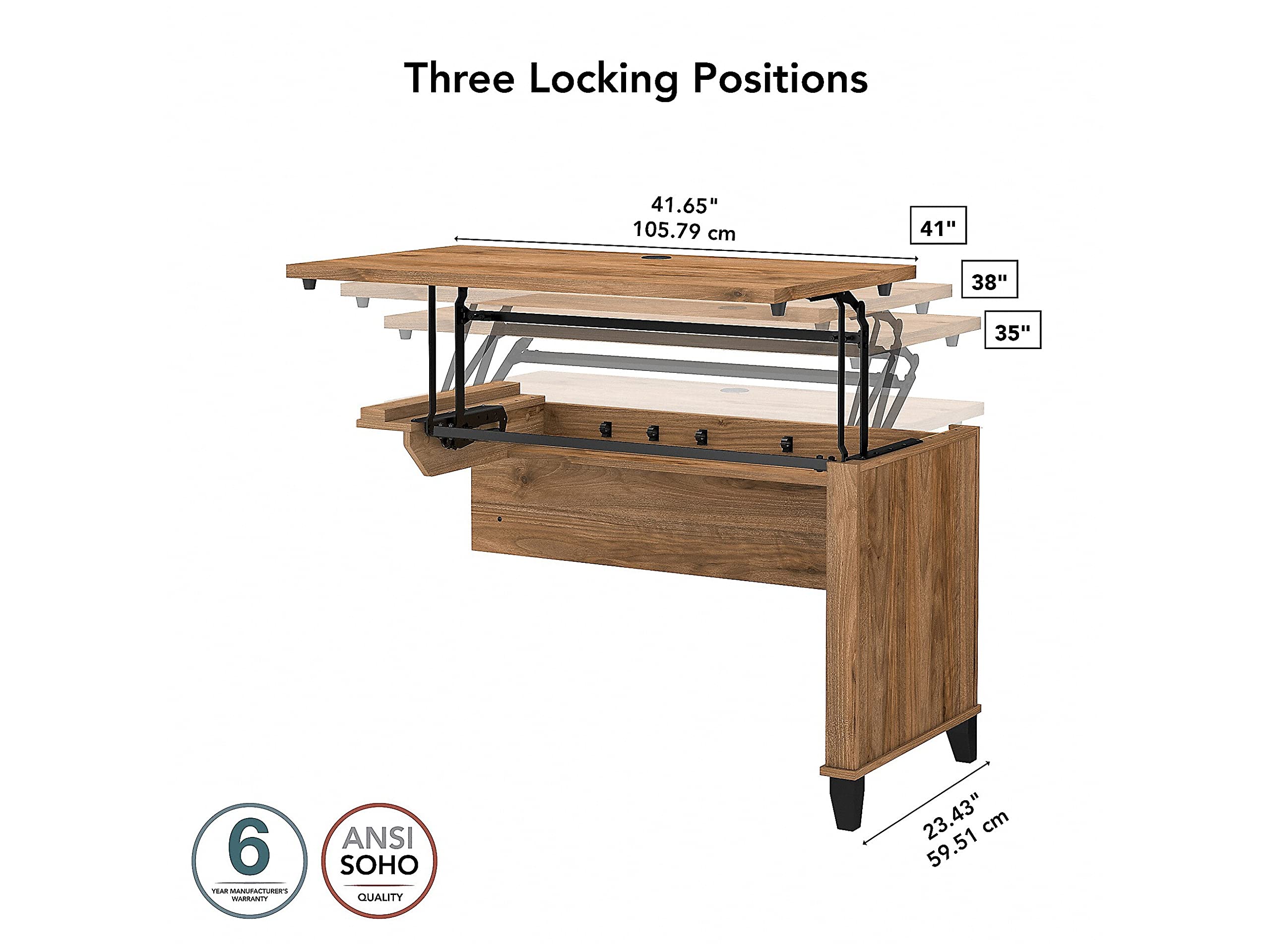 Bush Somerset 42W 3-Position Sit to Stand Desk in Fresh Walnut - Engineered Wood Home Office Desk for Work from Home & Remote Work Setup
