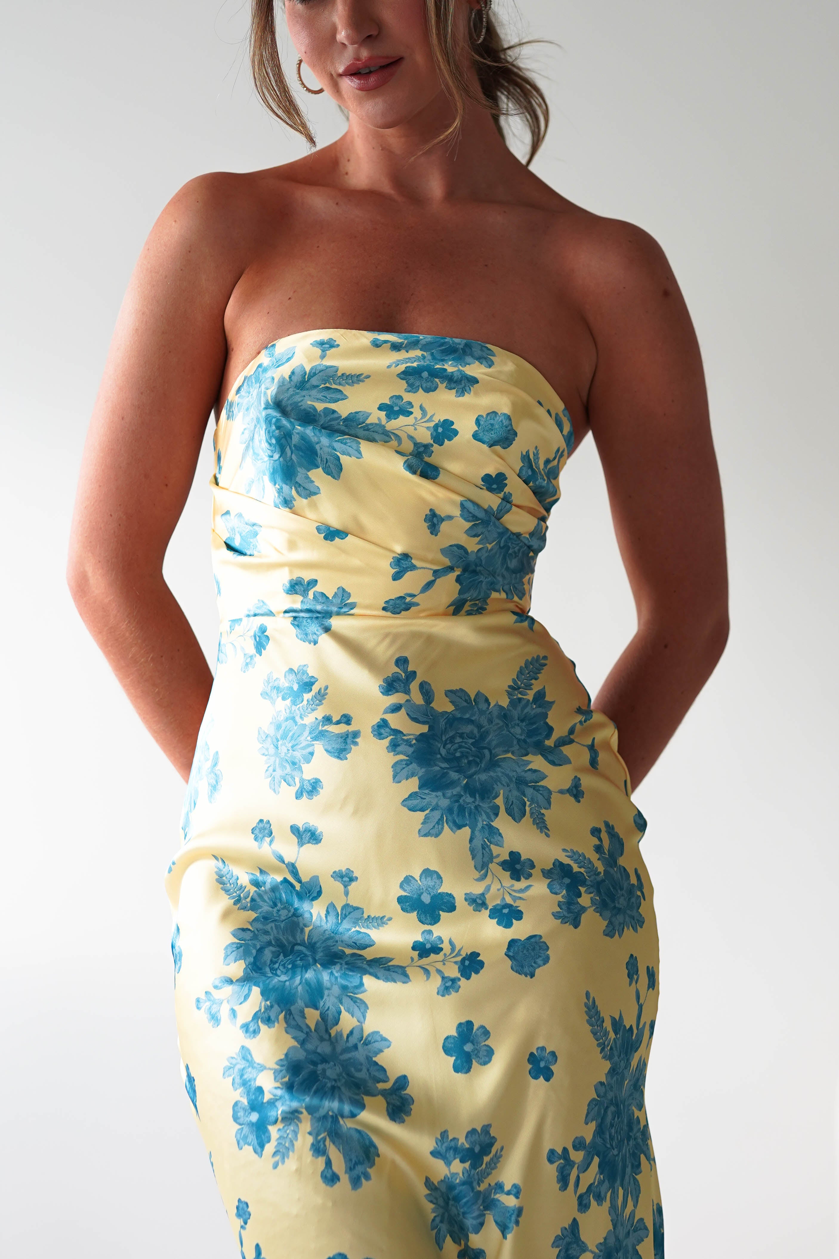 Anthonia Floral Satin Maxi Dress - Elegant Yellow & Blue Flowy Summer Dress for Women | Perfect for Beach Vacations, Weddings & Date Nights
