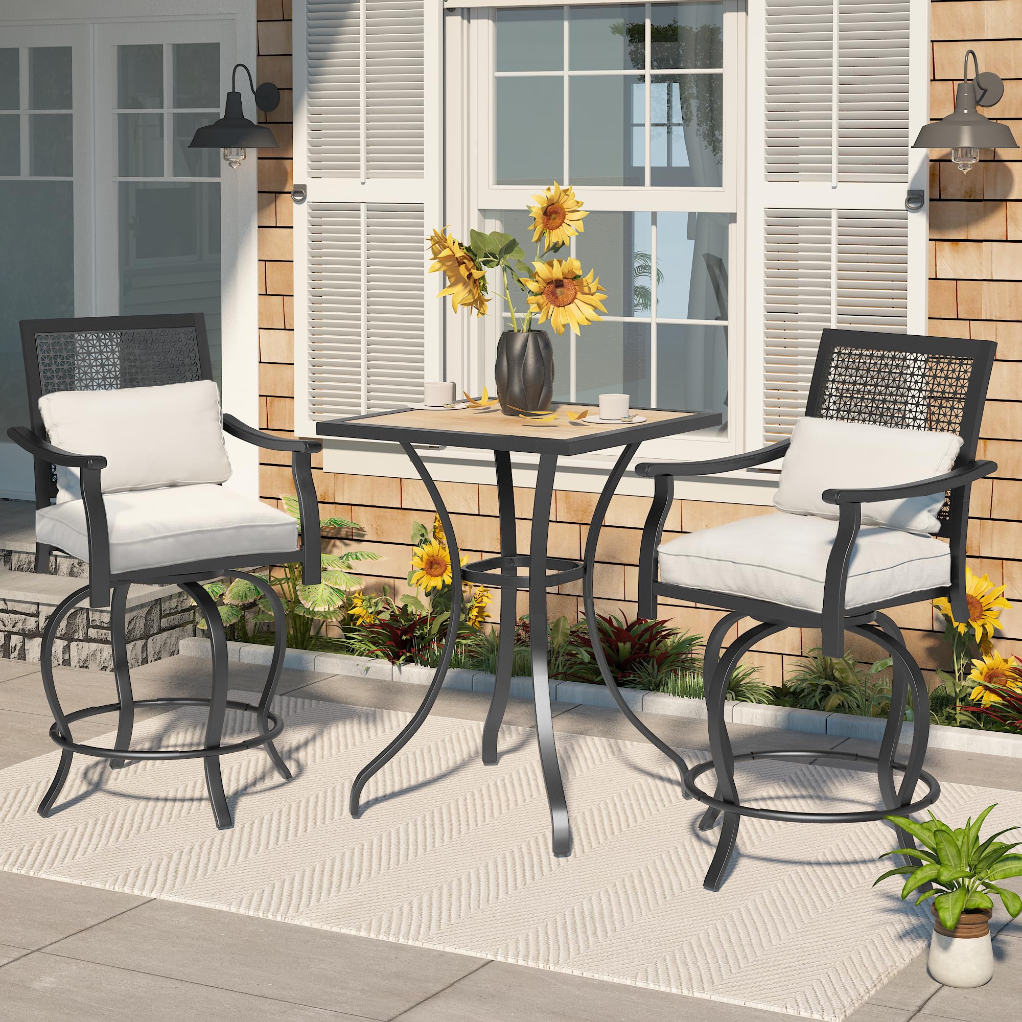 AECOJOY 3-Piece Outdoor Bar Set - High Top Table with 2 Swivel Stools, Patio Bistro Set for Garden, Porch, Lawn & Backyard - Perfect for Entertaining, Relaxing & Outdoor Dining