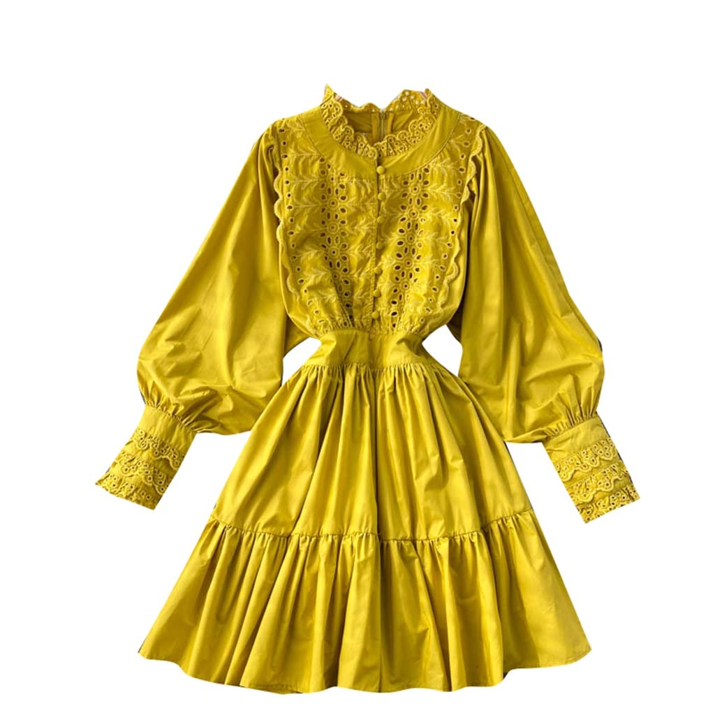 Elegant Ladies Cutout Ruffle Long Sleeve Stand Collar A-Line Dress - Casual Short Dress for Women | Perfect for Date Night, Cocktail Parties & Office Wear (Color: A, Size: Medium)