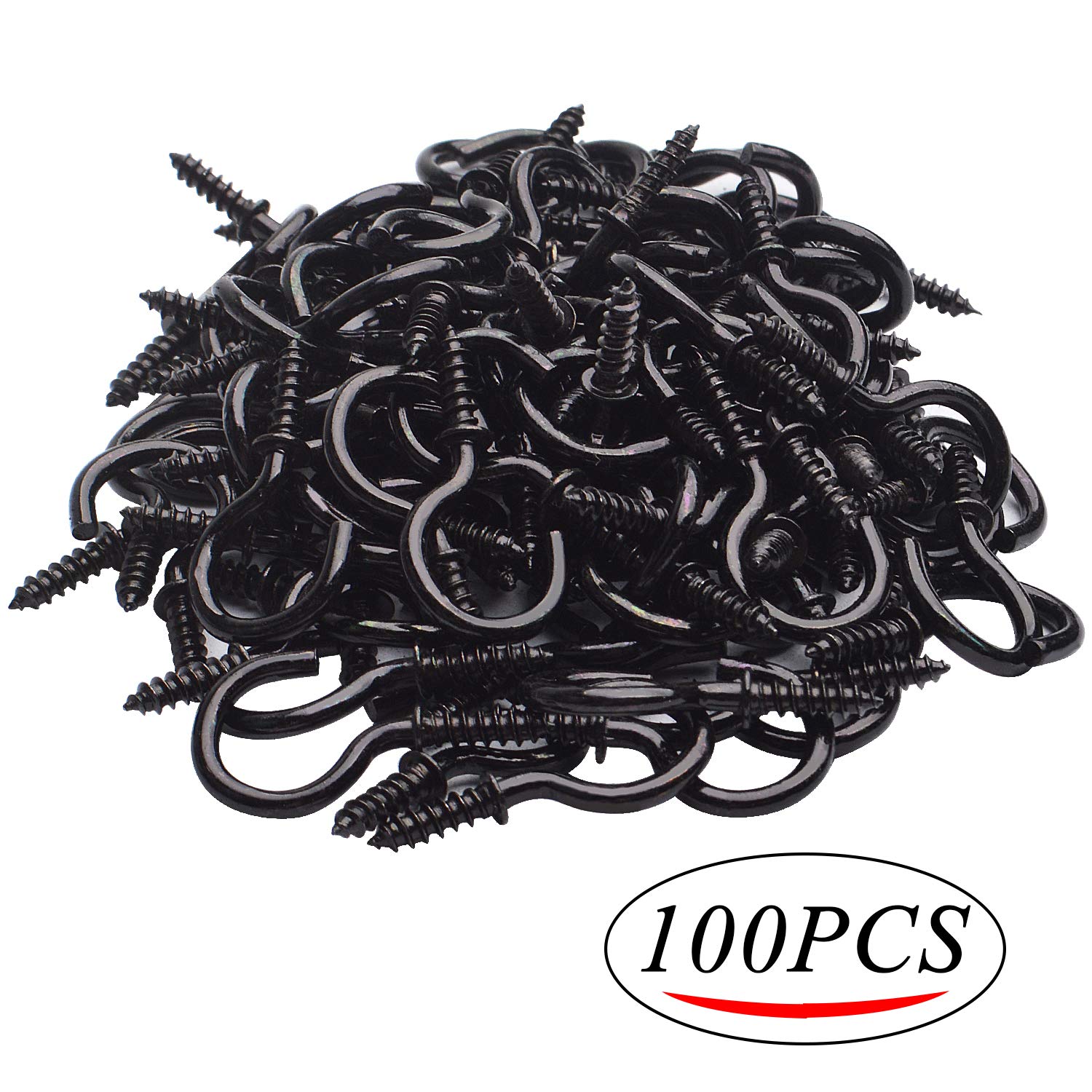 100-Pack 3/4 Inch Black Plated Metal Screw-in Ceiling Hooks - Heavy Duty Cup Hooks for Hanging Plants, Lights, Kitchen Utensils & Home Decor - Perfect for Home, Office & DIY Projects