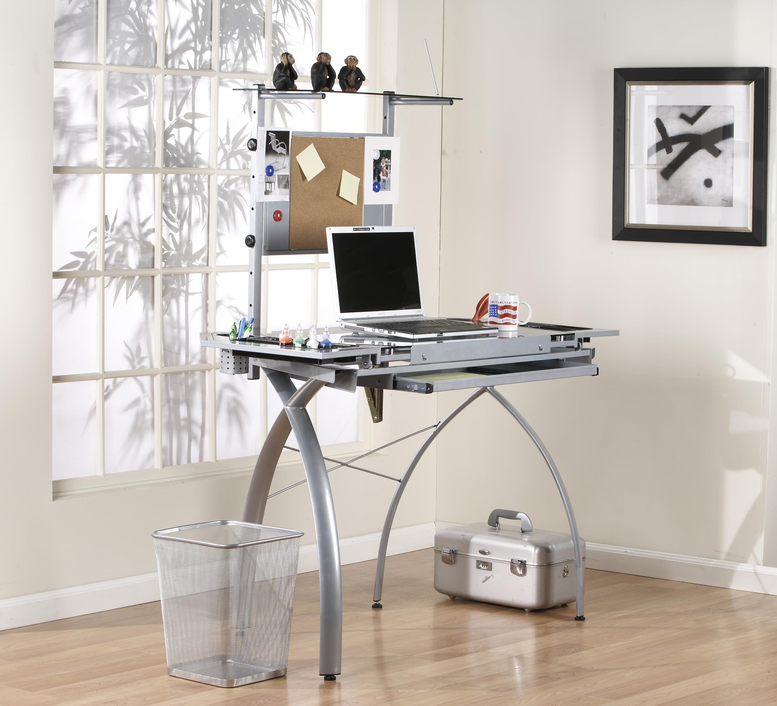 Studio Designs Futura Tower - Silver/Blue Glass Modern Laptop Desk with Adjustable Shelf | Perfect for Home Office, Gaming Setup & Small Spaces