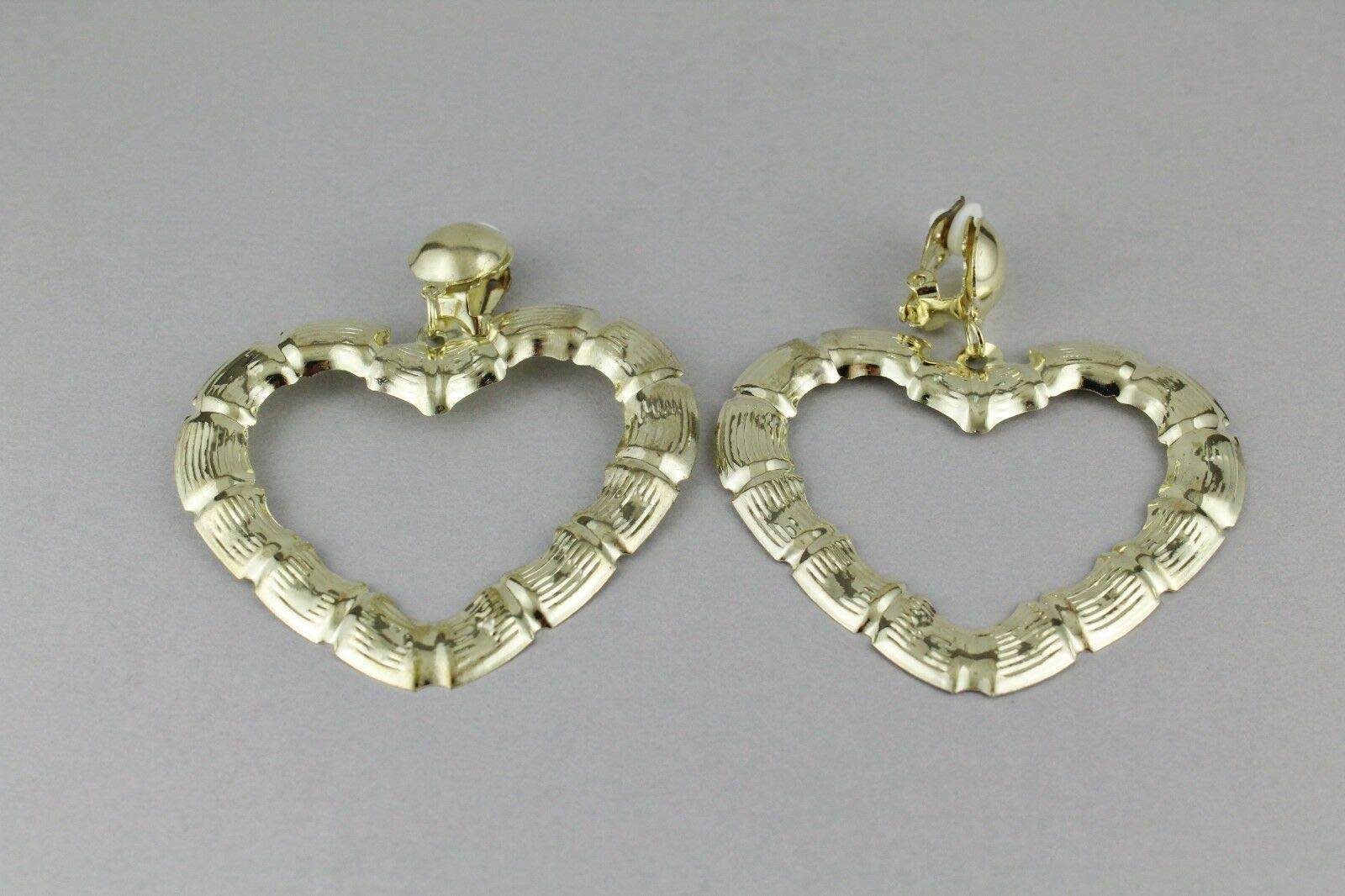 Gold Heart Clip-On Earrings for Women - Hoop & Bamboo Earrings Set - Door Knocker Style - Perfect for Parties, Weddings & Everyday Wear