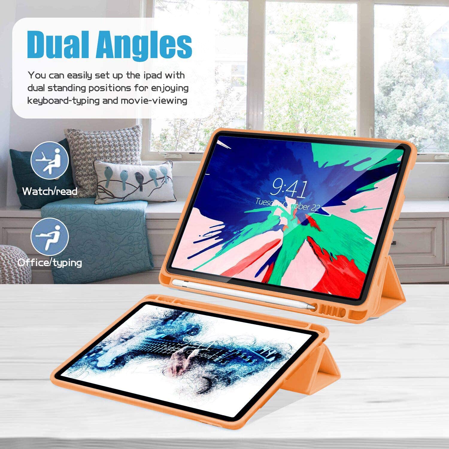 Ultra Slim iPad Air 3 Case (2019) & iPad Pro 10.5 Case (2017) - Soft TPU Protective Cover with Pencil Holder & Auto Sleep/Wake | Perfect for Work, Travel & School (Orange)