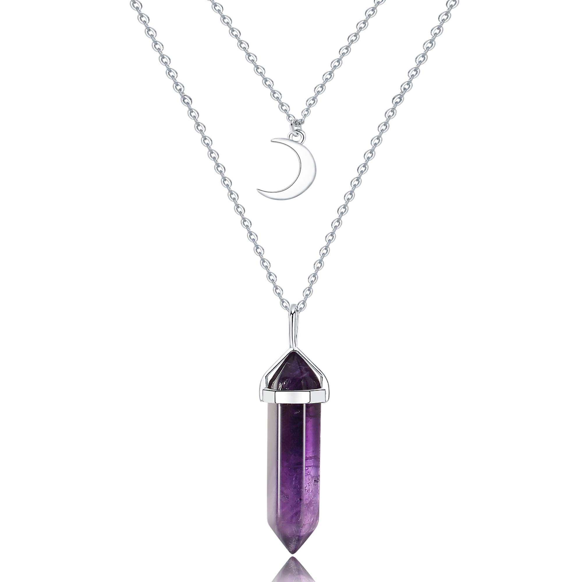 **Healing Crystal Moon Necklace for Women - Layered Crescent Moon Pendant with Reiki Gemstone, Dainty Boho Jewelry for Spiritual Healing & Meditation | Perfect Gift for Witches, Yoga & Energy Work**