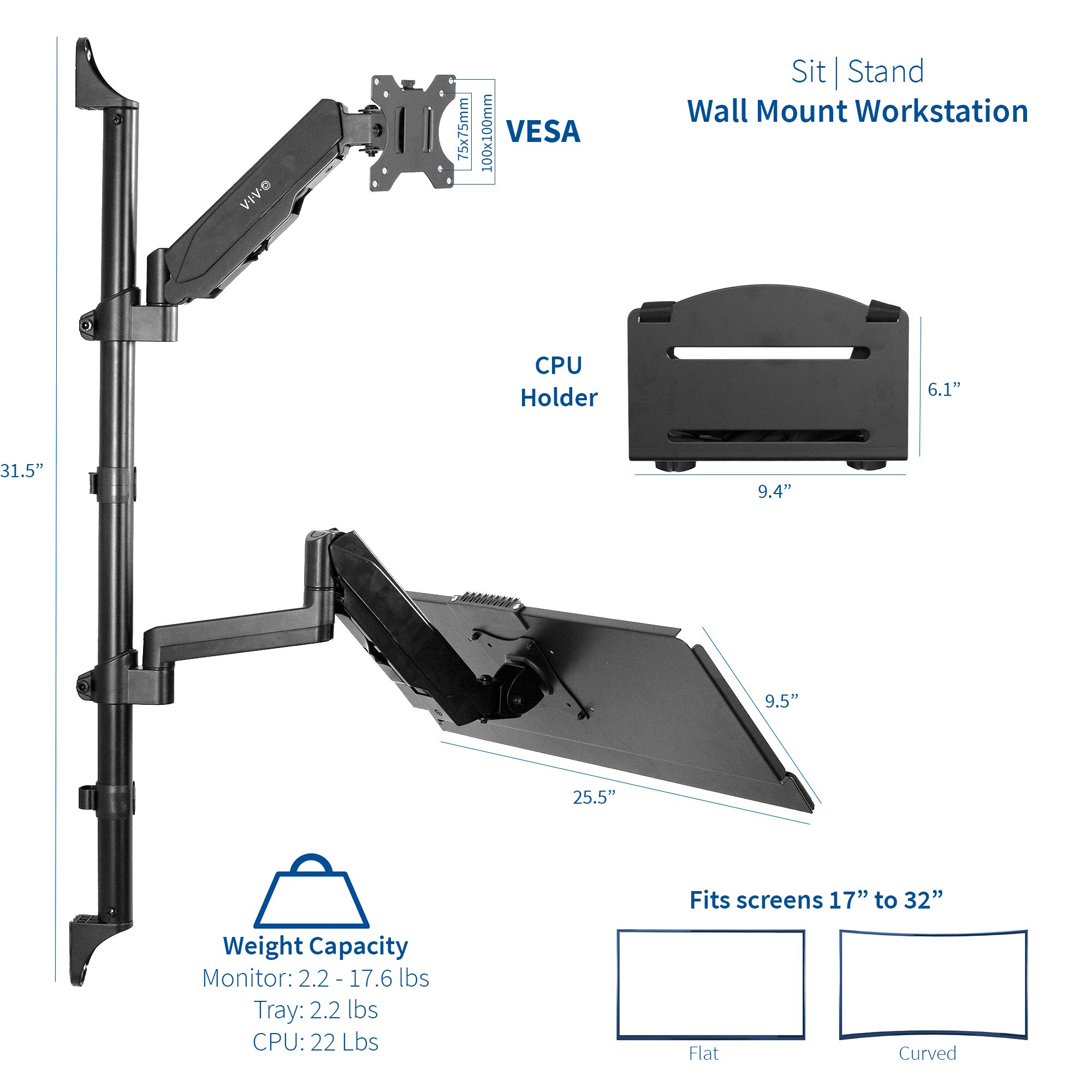 VIVO Black Sit-Stand Height Adjustable Pneumatic Spring Arm Monitor Mount for 1 Screen up to 32 inches - Ergonomic Keyboard & CPU Wall Mount - Perfect for Home Office, Gaming Setup & Workspace Organization