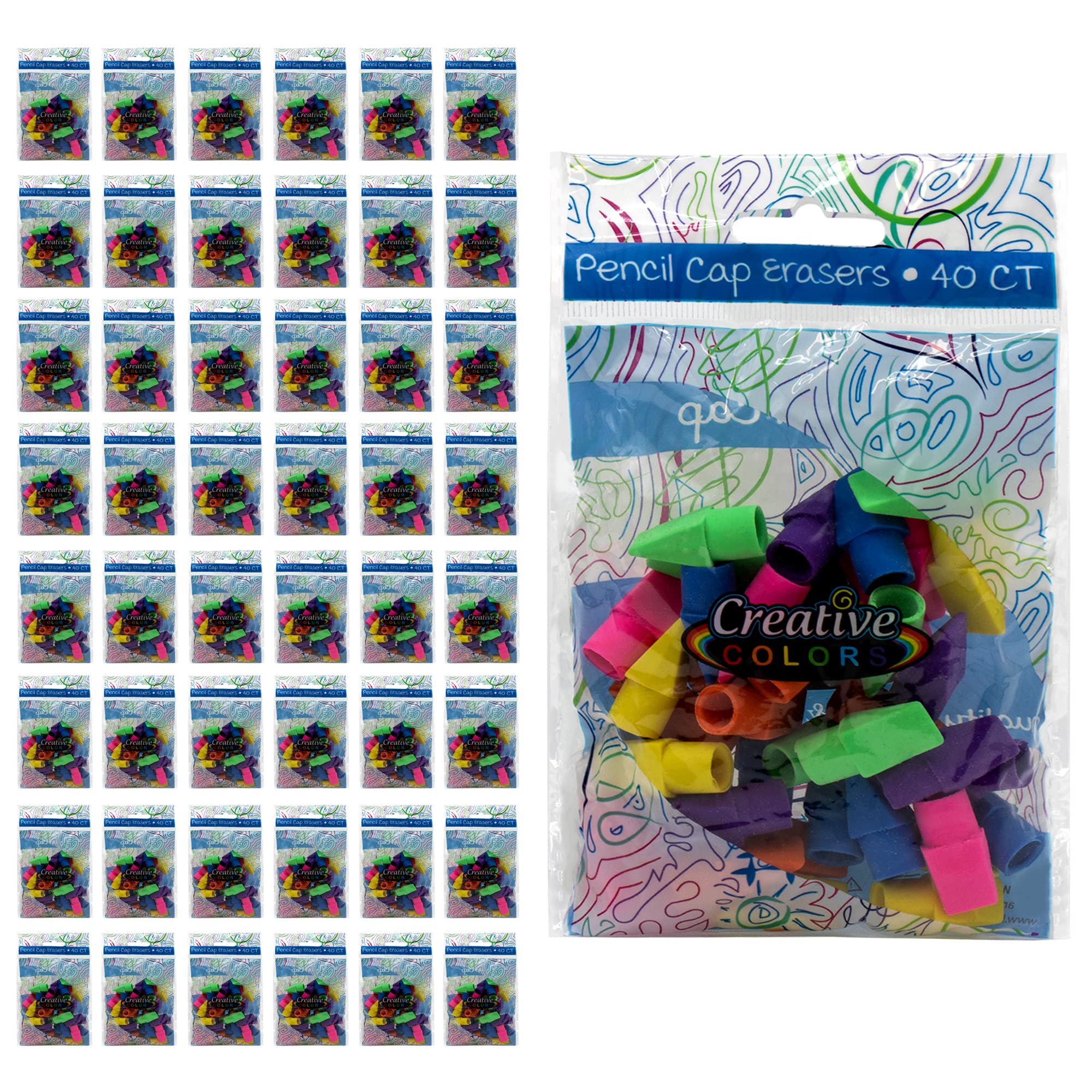 40 Pack Colored Pencil Cap Erasers - Bulk School Supplies for Kids, 96 Packs Wholesale Case - Perfect for Classroom, Art Projects & Homework Organization
