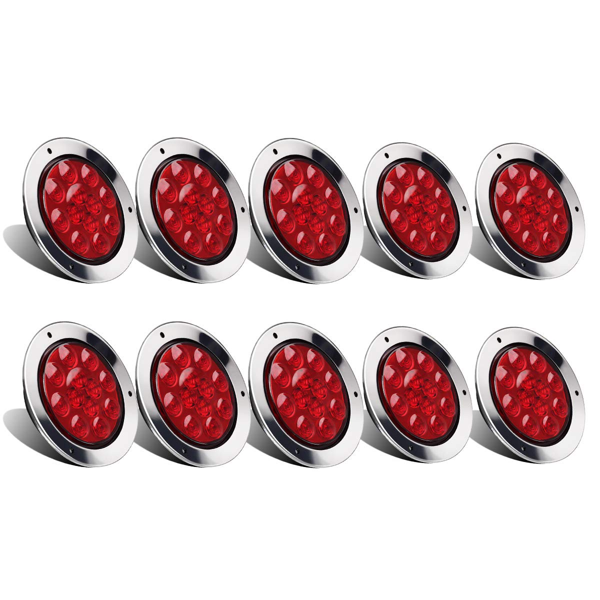 Partsam 10Pcs Red 4 Inch Round LED Trailer Tail Lights - 12LED Flange Mount, Stainless Steel Chrome Bezel, Waterproof Stop/Turn/Brake Lights - Replacement for Trucks, RVs, Trailers (12V) - Perfect for Heavy Duty Vehicles, Campers & Marine Applications