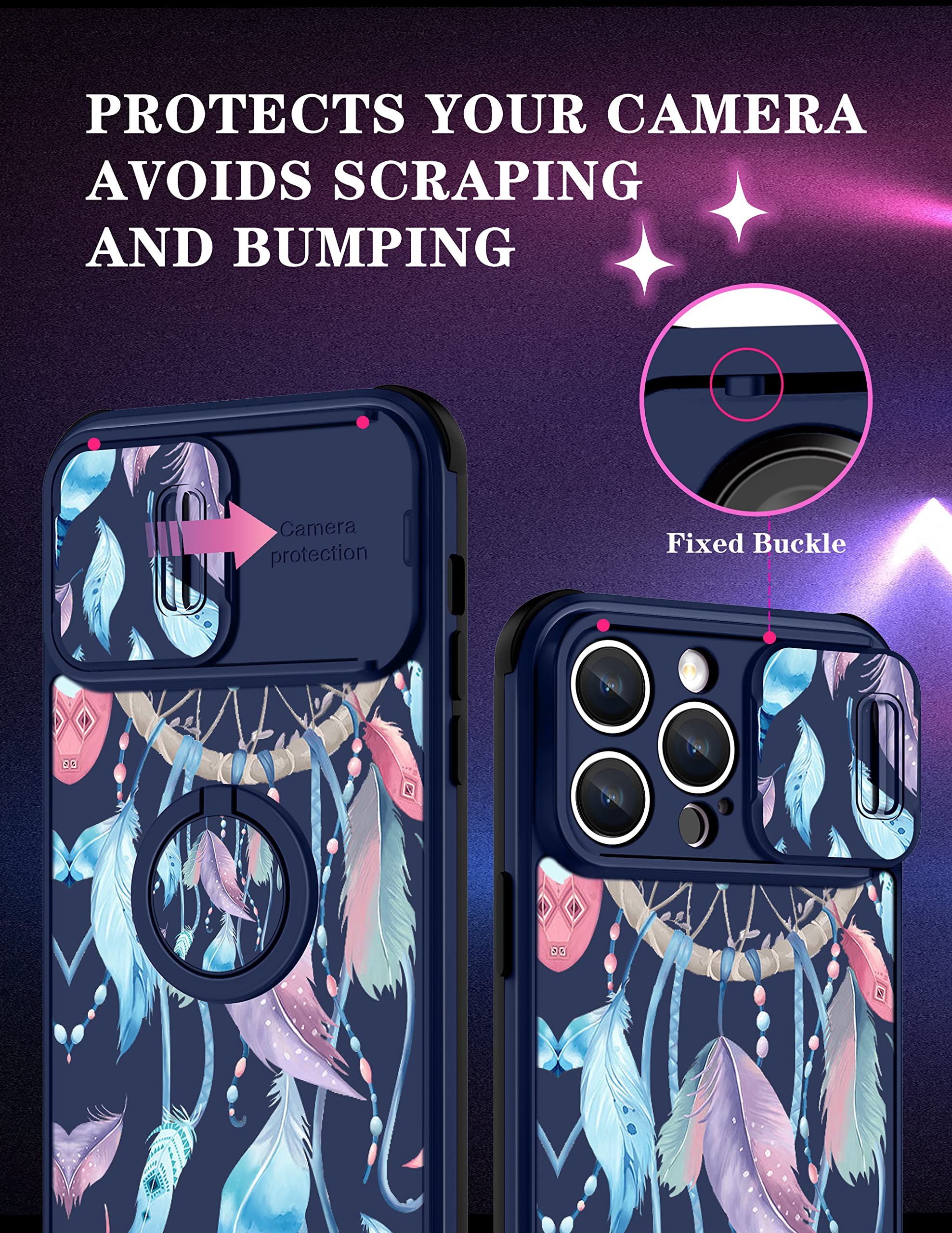 2in1 iPhone 14 Pro Max Case with Slide Camera Cover & Ring Holder - Dream Catcher Aesthetic Fashion Design for Women Girls (6.7