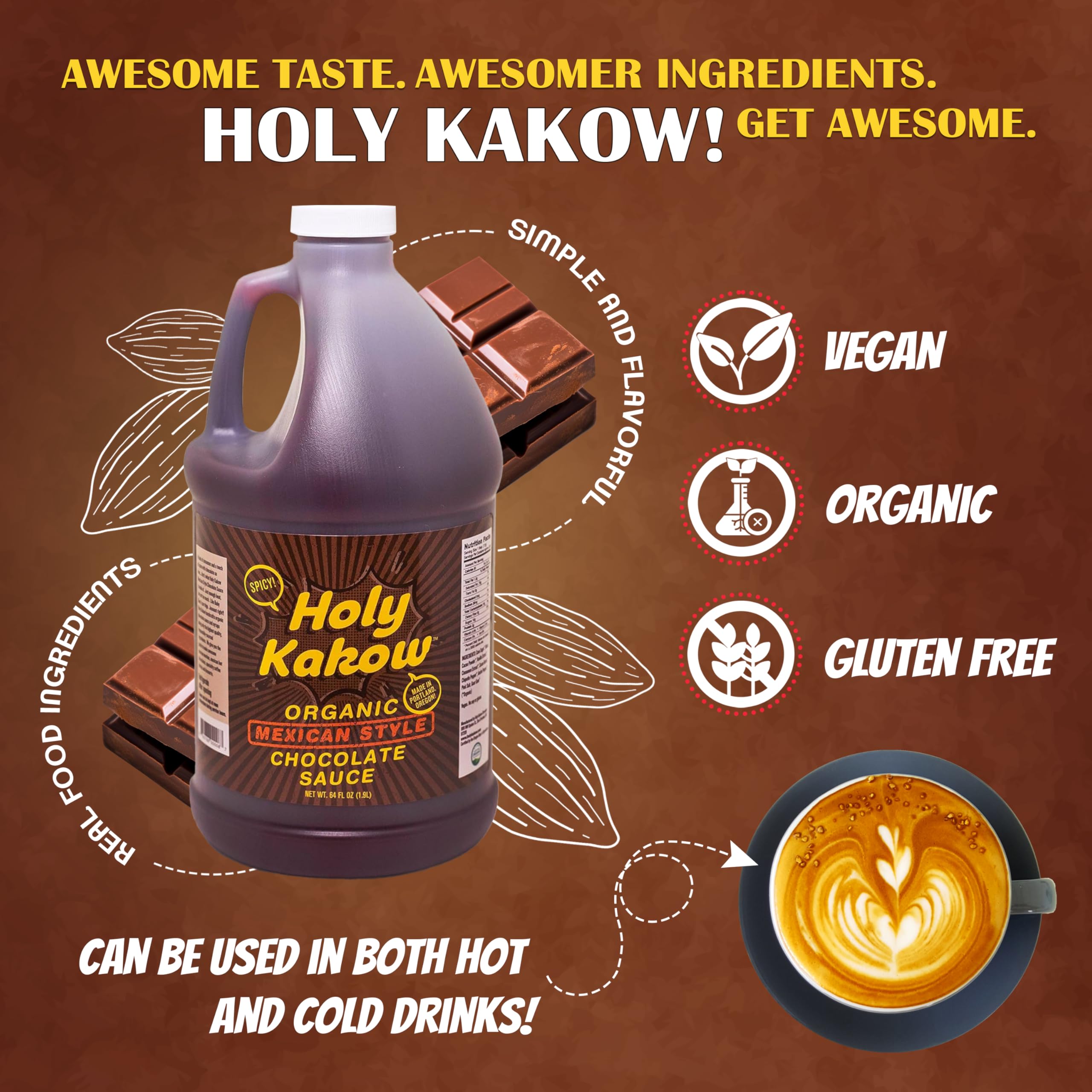 Holy Kakow Organic Mexican-Style Chocolate Syrup - 64oz | Premium Chocolate Sauce for Mochas, Waffles, Ice Cream & Baking | USDA Organic, All-Natural Ingredients | Perfect for Desserts, Coffee & Breakfast