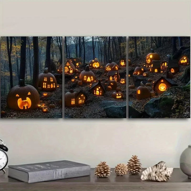 3-Piece Pumpkin Village in Forest Wall Art Set - Framed Canvas 50x70cm | High Quality Print | Australian Made | Ready to Hang | Perfect for Living Room, Bedroom & Office Decor