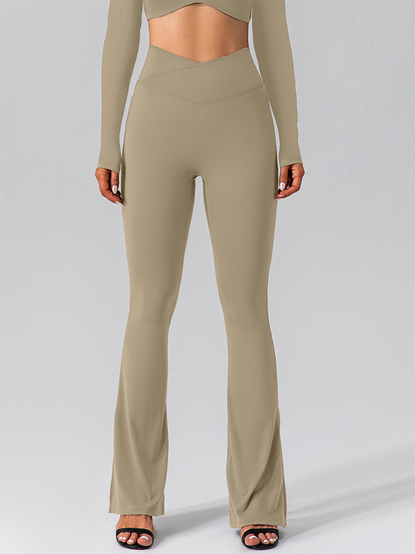 ZASUWA Women's High Waisted Flare Pants with V-Shape Waist & Side Pockets - Stretchy Solid Color Bootcut Trousers for Work, Office & Casual Outfits