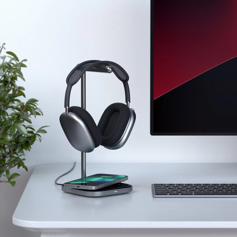 Satechi 2-in-1 Wireless Charging Headphone Stand - Qi-Certified Charger & Headphone Holder for Desk Organization | Perfect for Home Office, Gaming Setup & Workspace Accessories
