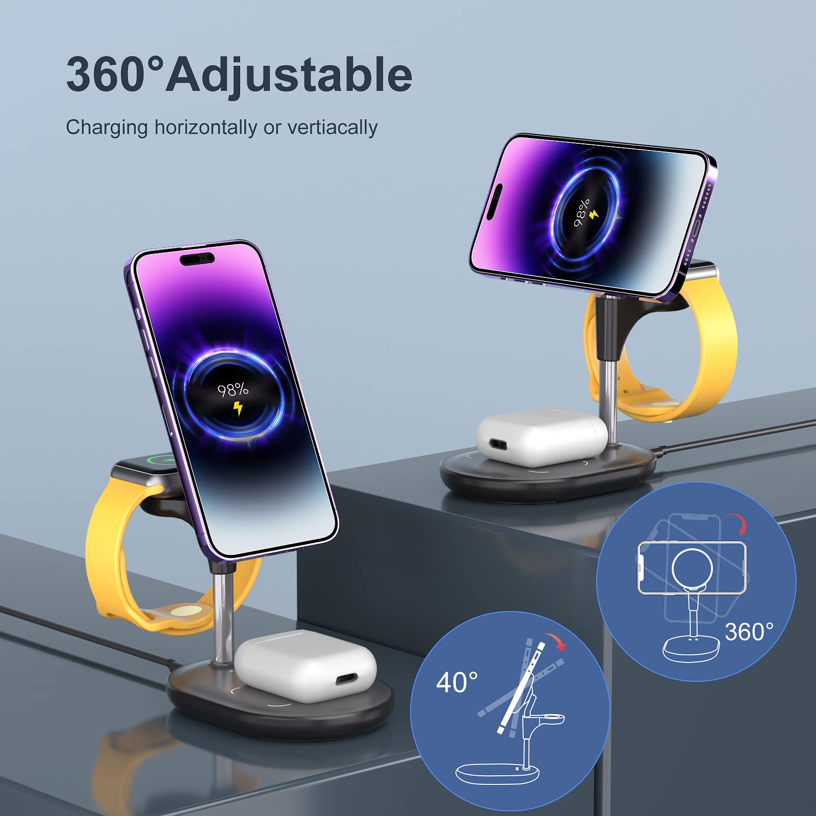 3-in-1 Magnetic Wireless Charging Station for iPhone 15/14/13/12 Pro Max/Plus/Pro, Apple Watch & AirPods - Fast Qi-Certified MagSafe Charger Stand - Perfect Gift for Men & Women (Black) | Home Office & Nightstand Charging Solution