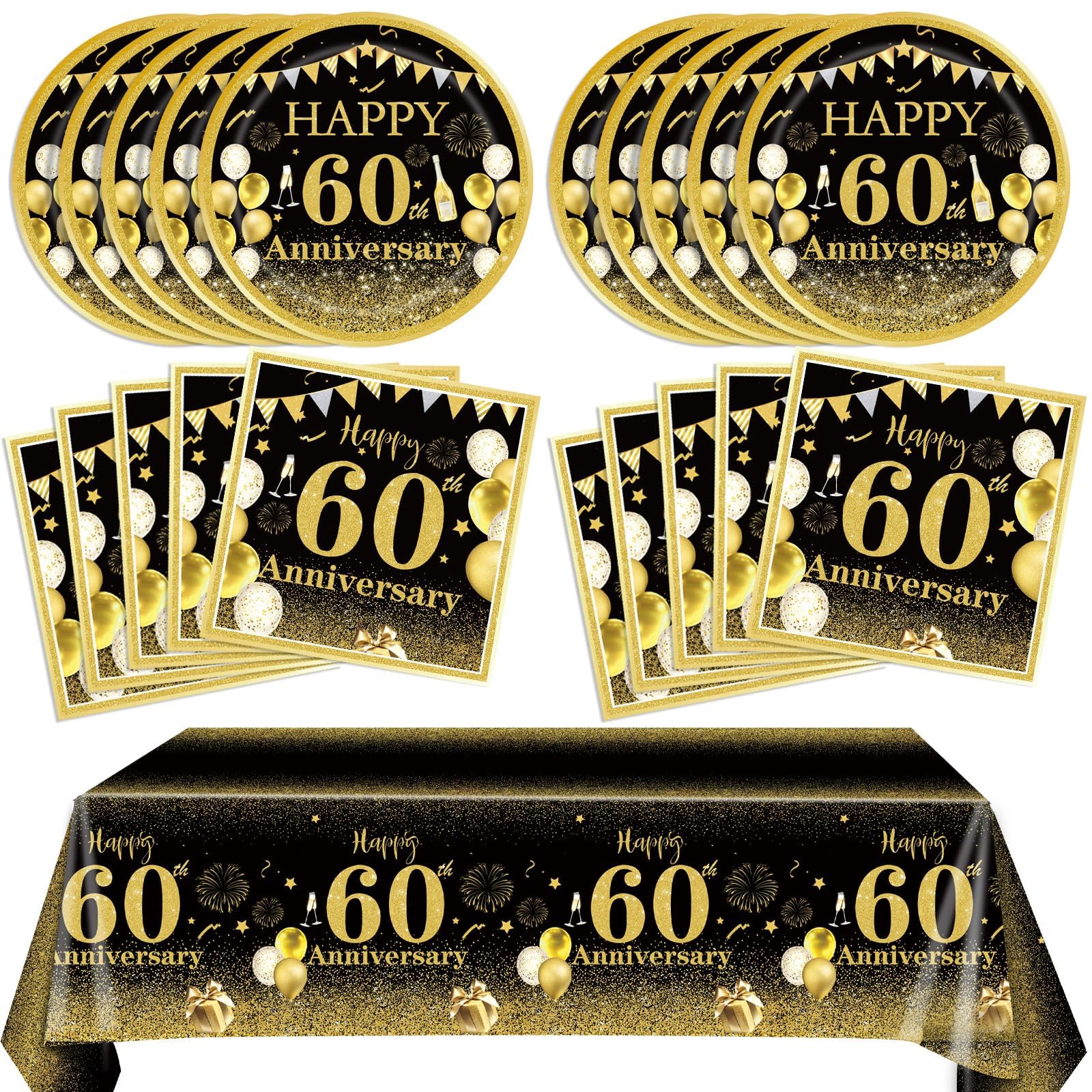 60th Wedding Anniversary Decorations Set - 41 PCS Black & Gold Party Supplies with Plates, Napkins, Tablecloth - Diamond Anniversary Party Favors for Men & Women - Perfect for 60th Birthday Celebrations, Retirement Parties & Milestone Events