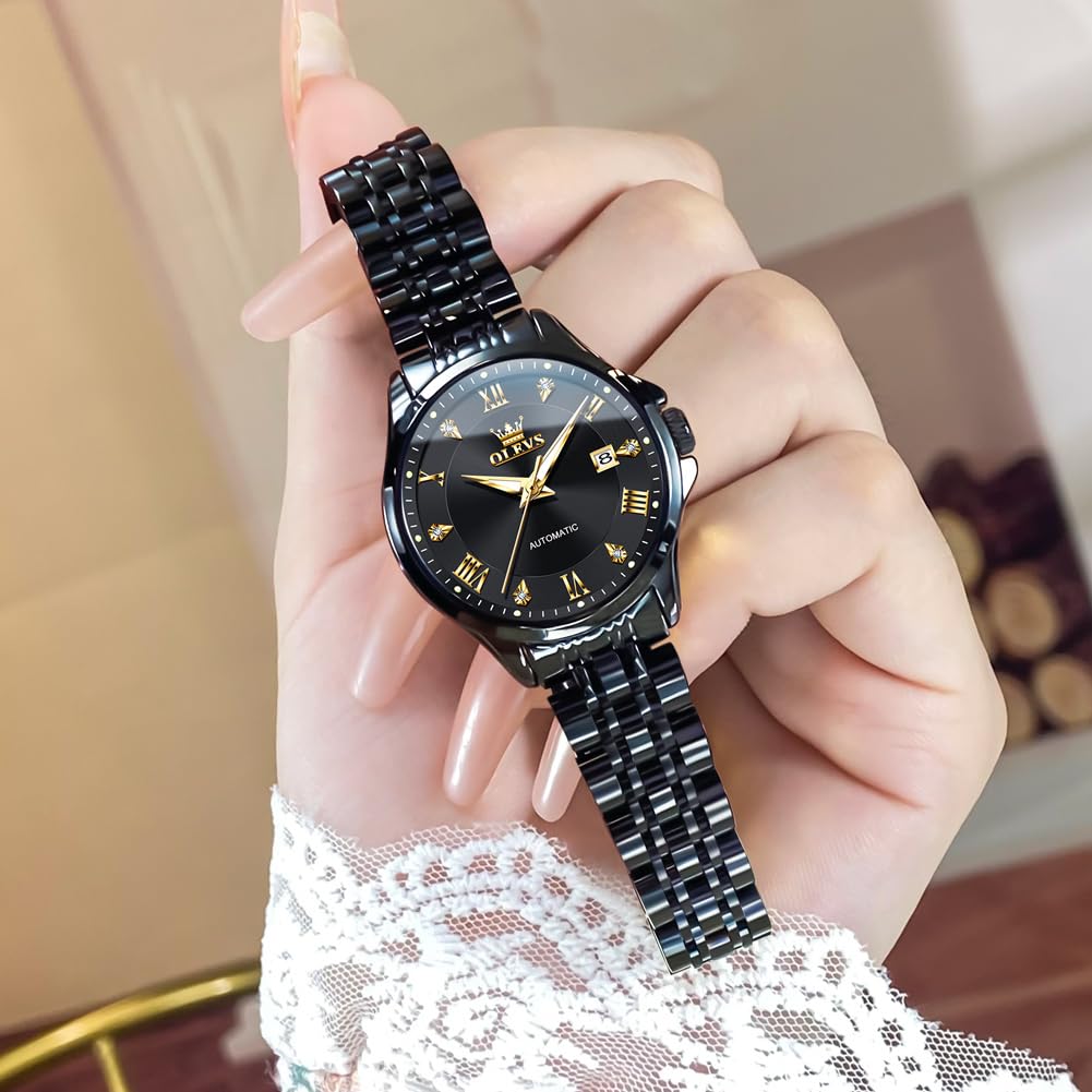 OLEVS Women's Automatic Diamond Luxury Dress Watch - Self Winding, Date Display, Luminous Hands, Waterproof - Perfect for Business, Evening Events & Formal Occasions