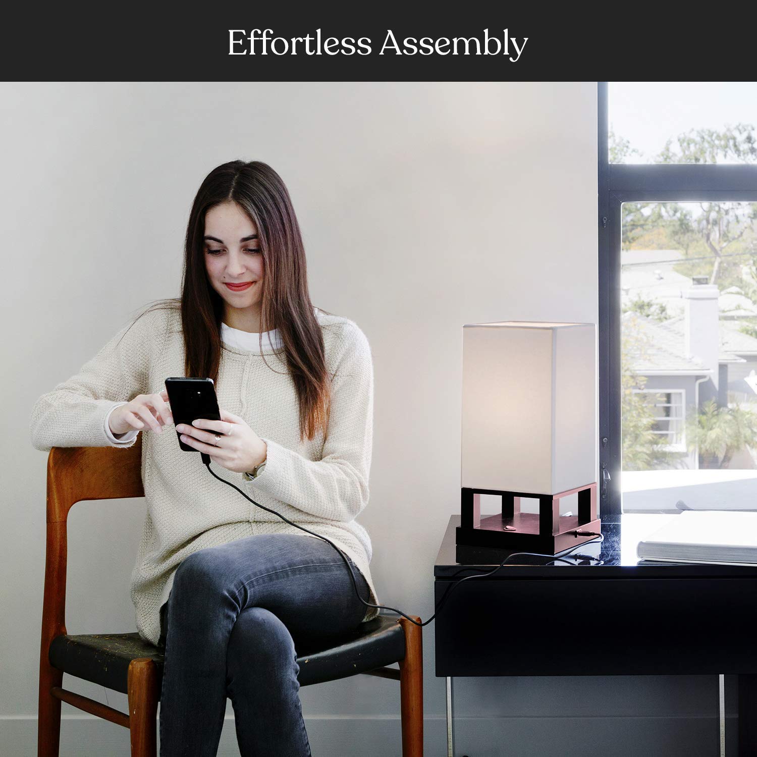 Brightech Maxwell Modern LED Floor & Table Lamp Set of 2 with USB Port & Storage Drawers - Wood Frame Bedside Lamp with Soft Ambient Lighting - Perfect for Bedroom Nightstand & Living Room Accent Lighting - Home Office Reading Lamp with Convenient USB Charging