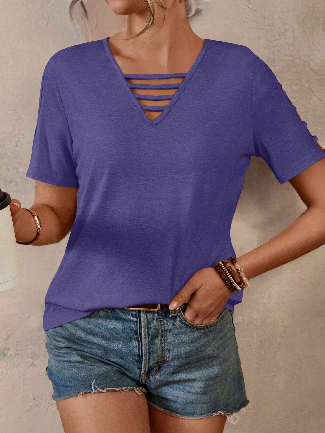 Women's Loose Fit V-Neck Hollow Out Short Sleeve T-Shirt - Summer Casual Basic Top for Beach Vacation 2025 | Perfect for Travel, Outing and Daily Wear