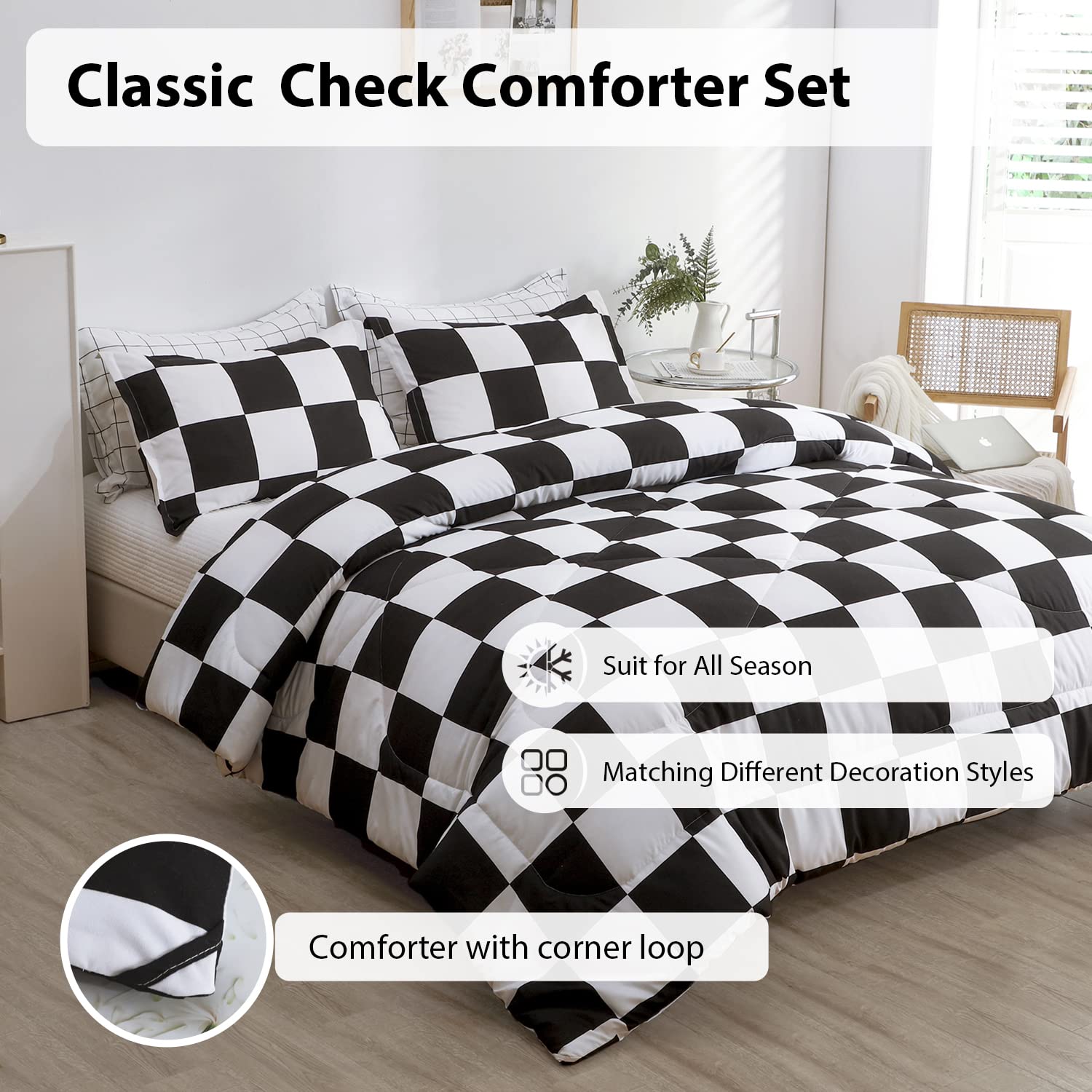 LUCKYBULL 3-Piece Full Comforter Set - Fluffy Down Alternative Bedding in Black & White Plaid, Soft Textured Checkered Design with 2 Pillow Shams - All Season Cozy Comfort for Bedroom, Guest Room, or Dorm