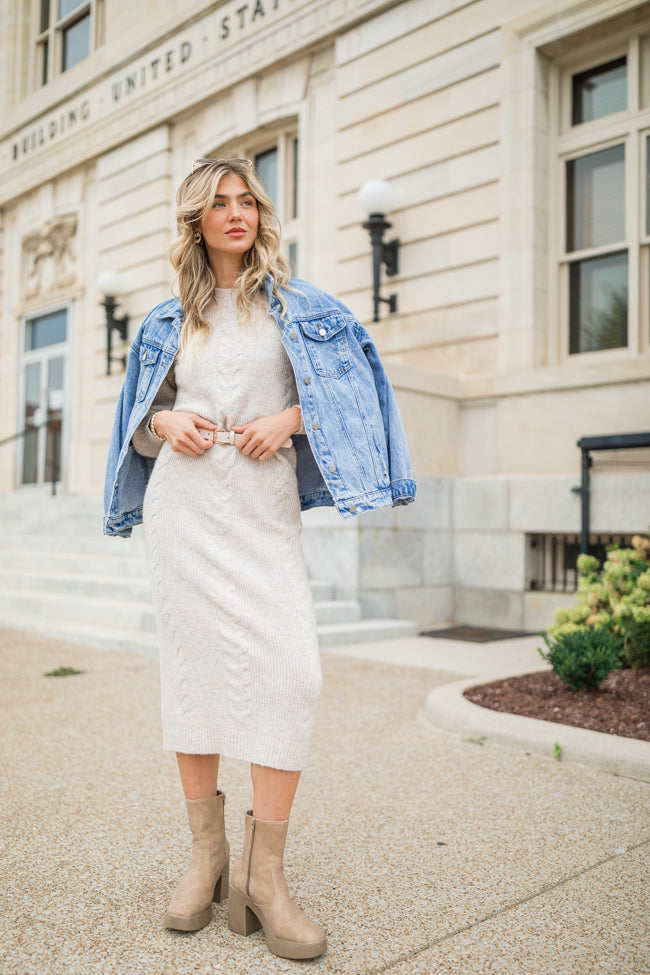 Stay On Your Mind Oatmeal Cable Knit Midi Dress - Cozy Winter Sweater Dress for Women | Perfect for Holiday Parties, Date Nights & Office Wear