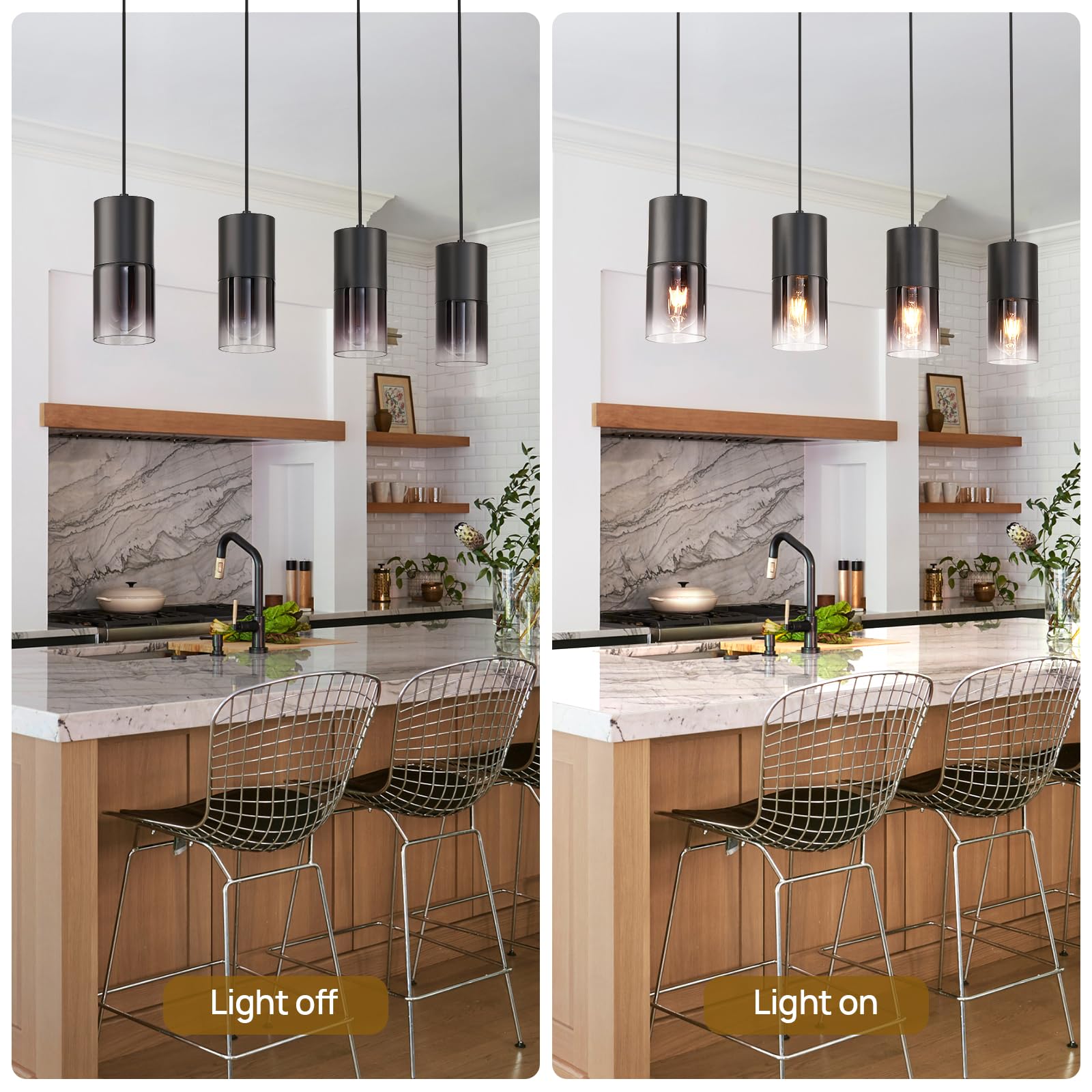 Industrial Black Glass Pendant Light - Farmhouse Kitchen Island Lighting with 3 E26 Bulbs & 59