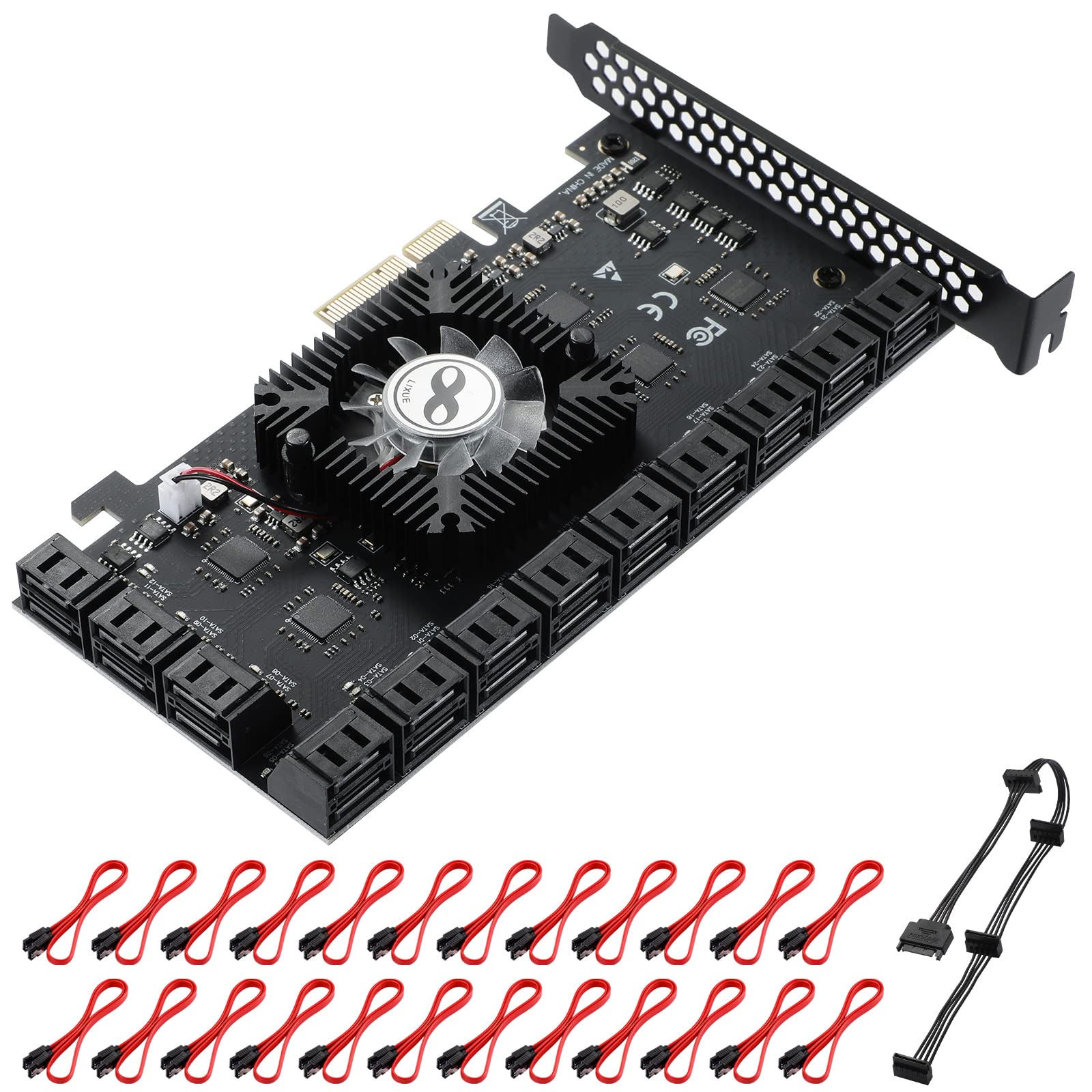 24-Port PCIe SATA 3.0 Expansion Card - 6Gbps SATA Controller with 4X/8X/16X Slots | Includes SATA Cables & Power Splitter (1064+1812 Chip) | Perfect for Data Servers, RAID Arrays & PC Storage Upgrades