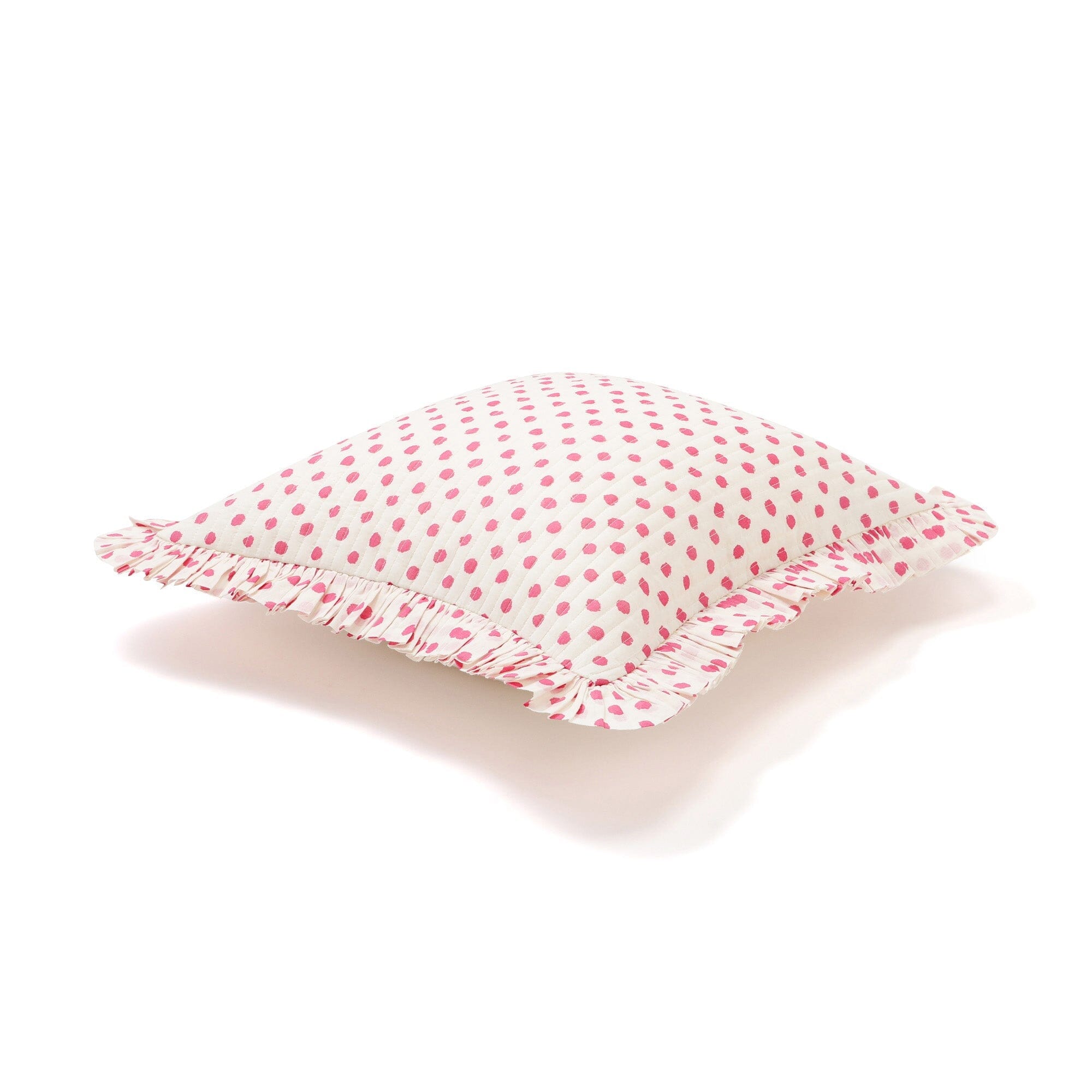Dot Frill Cushion Cover 18x18 Inches - Soft Cotton Decorative Pillow Case for Sofa, Bed, Living Room - White and Pink Home Decor Accent