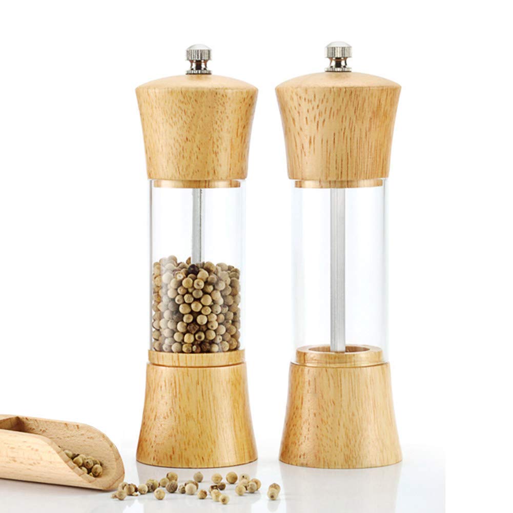 Premium Wooden Salt and Pepper Grinder Set - 2 Pack Adjustable Manual Mill with Transparent Acrylic Body for Coarse & Fine Spices (6 Inches) - Perfect for Kitchen, Dining Table & Gourmet Cooking