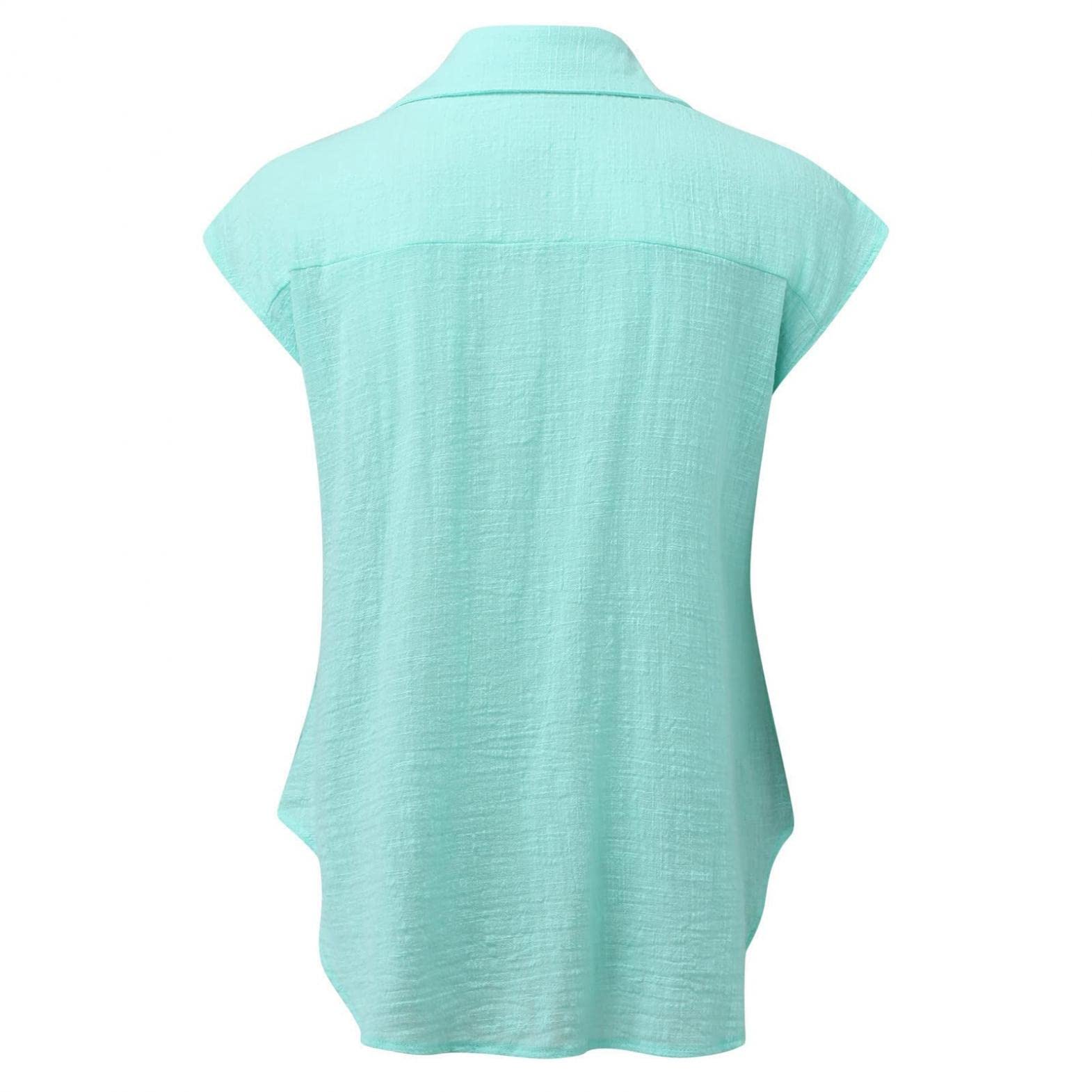Women's Short Sleeve Button Down Shirt - Summer Casual Cotton Linen Blouse, Solid Color Loose Fit Lapel Tee Top for Work, Travel & Everyday Wear