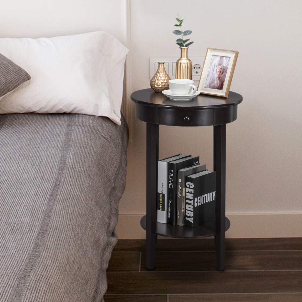 Round Coffee Table with Drawer - Simple Brown End Table for Living Room, Bedroom & Office - Compact Side Table with Storage Space