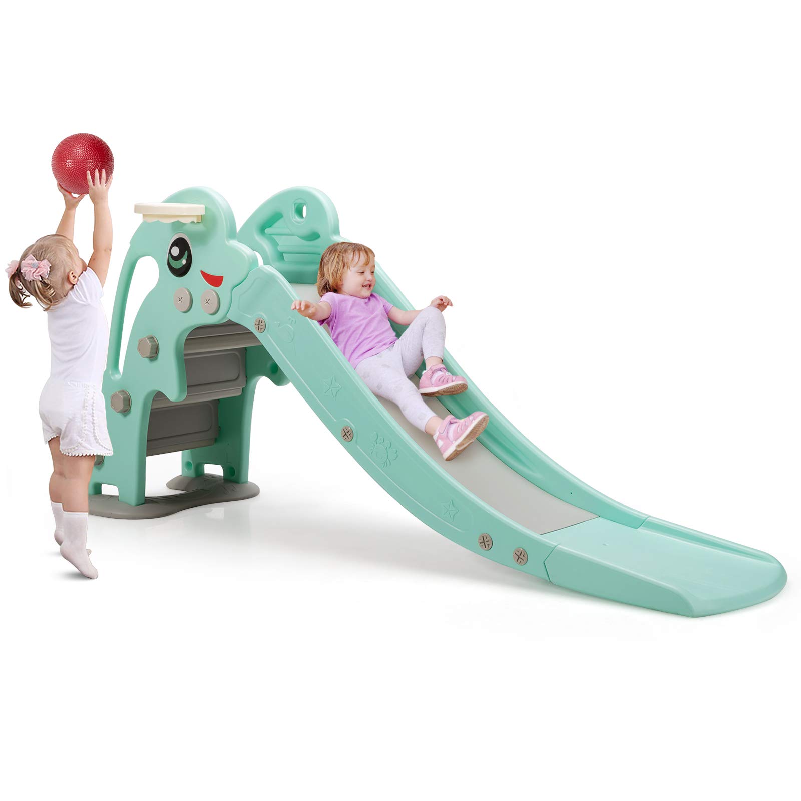 BABY JOY Toddler Slide - Large Kids Play Climber with Extra Long Slide, Basketball Hoop & Ball - Indoor/Outdoor Backyard Playground Equipment for Boys & Girls Ages 3-5 - Perfect for Birthday Gifts, Daycare Centers, and Backyard Fun (Green Dolphin)