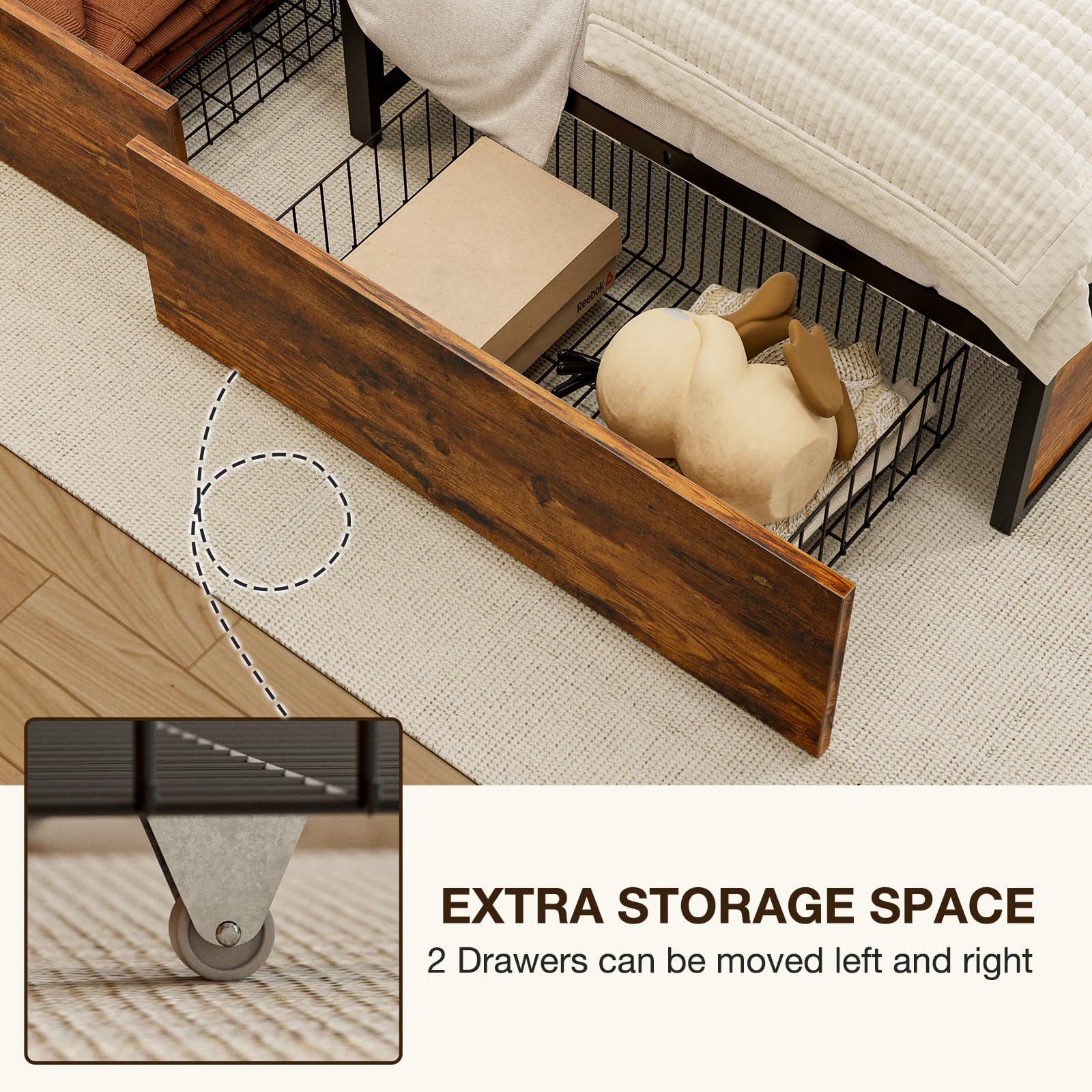 GAZHOME Twin Bed Frame with 2 XL Storage Drawers - Sturdy Metal Platform Bed with Footboard, 9 Reinforced Slats (No Box Spring Required) - Easy Assembly Space-Saving Design for Small Bedrooms, Dorms & Guest Rooms